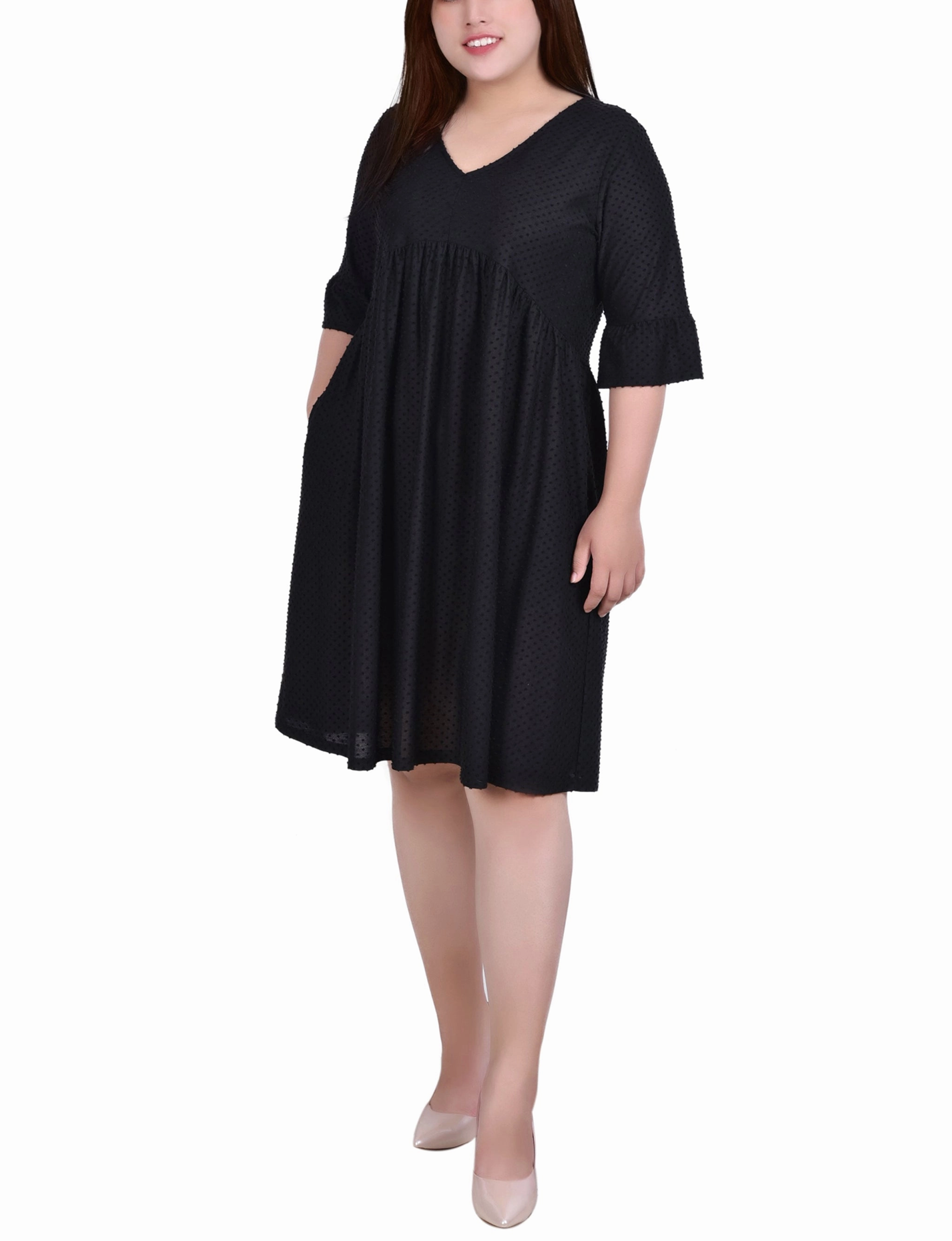 Olive Fresh Plus Size Short Bell Sleeve Swiss Dot Dress