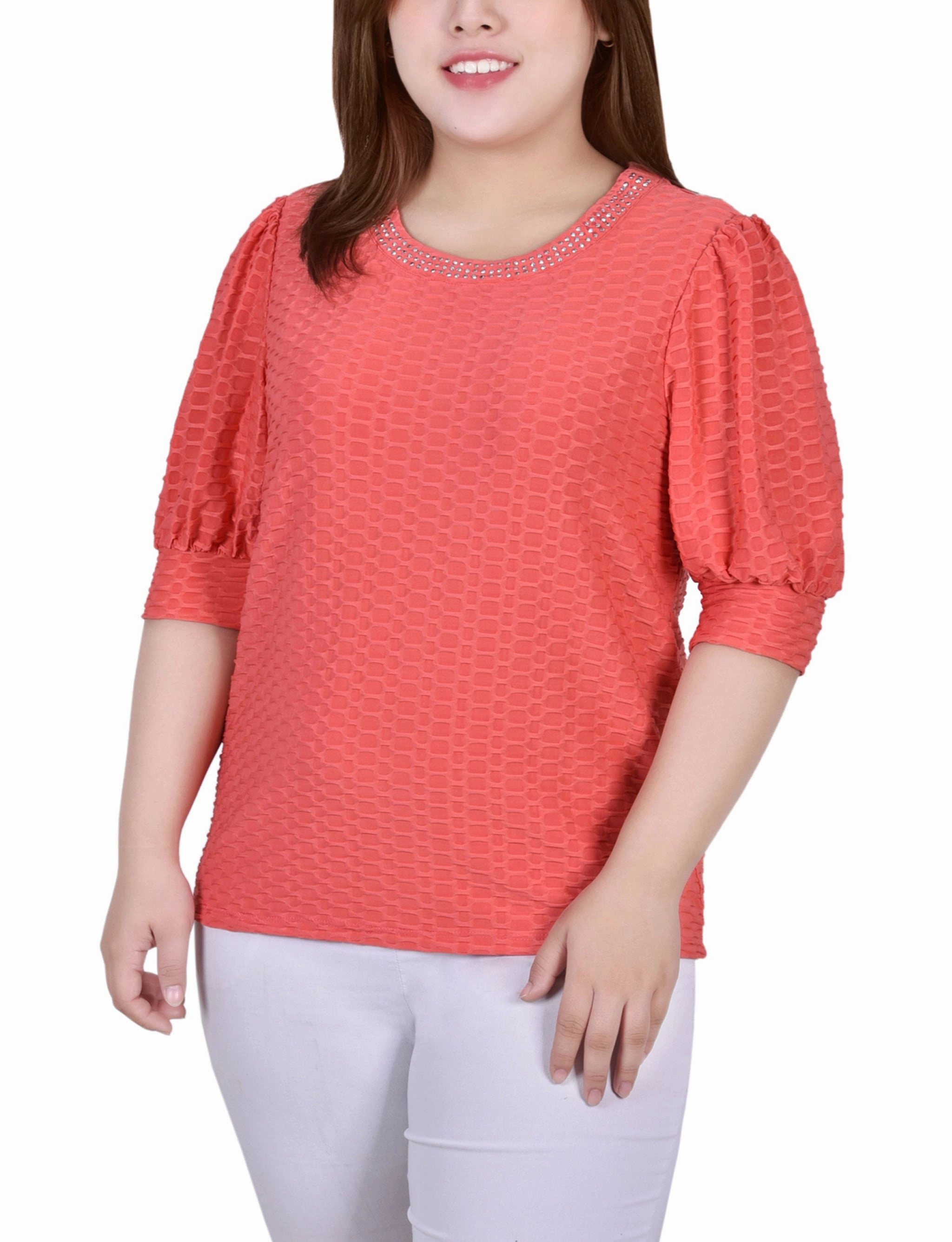 Floor-Length Plus Size Short Puff Sleeve Honeycomb Top