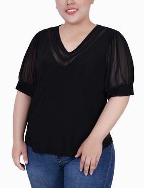 Plus Size Short Puff Sleeve V Neck Top Sleek Drape NonSlipClosure