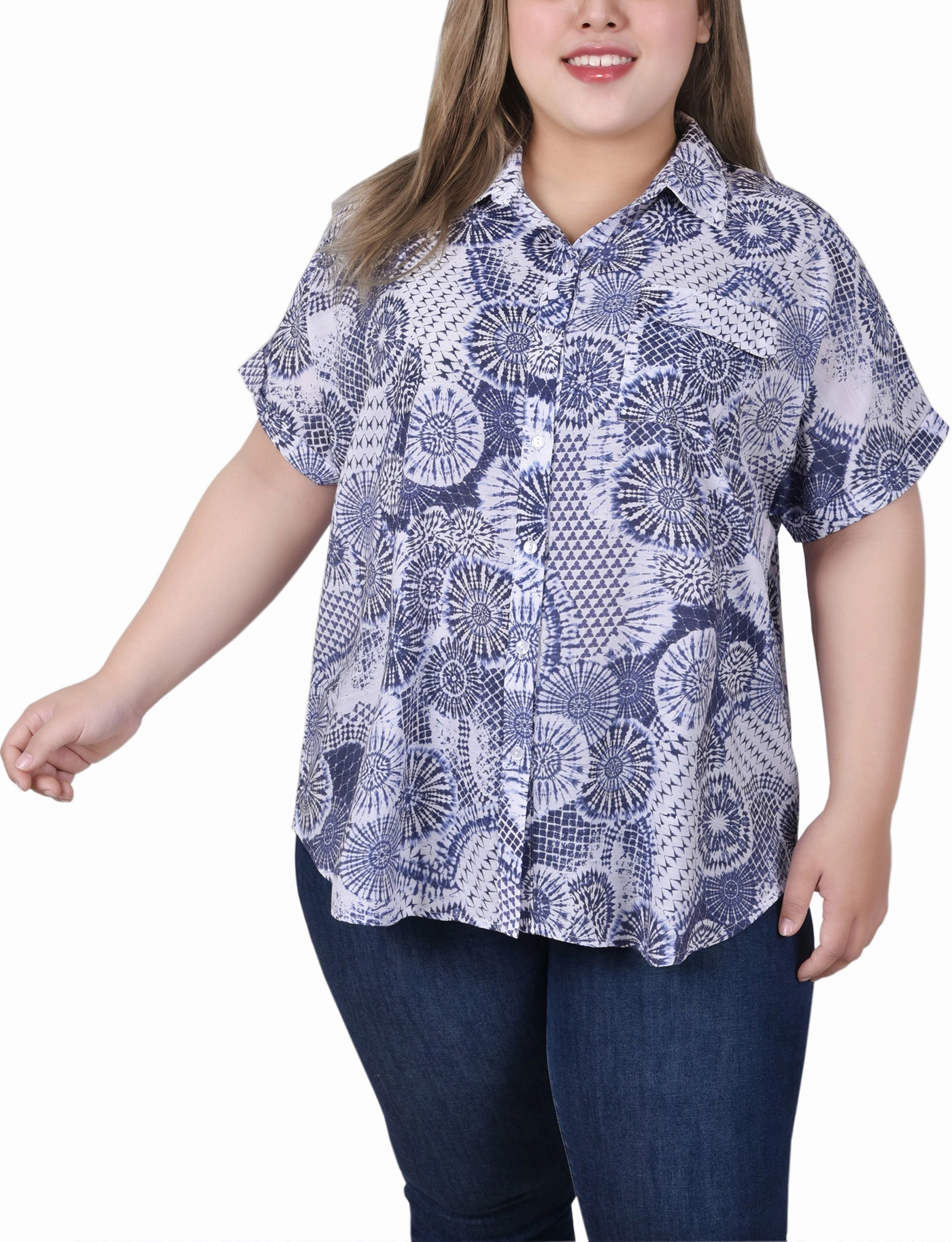 Plus Size Short Rolled Sleeve Button Front Blouse Low Profile Seaming Summer Wardrobe