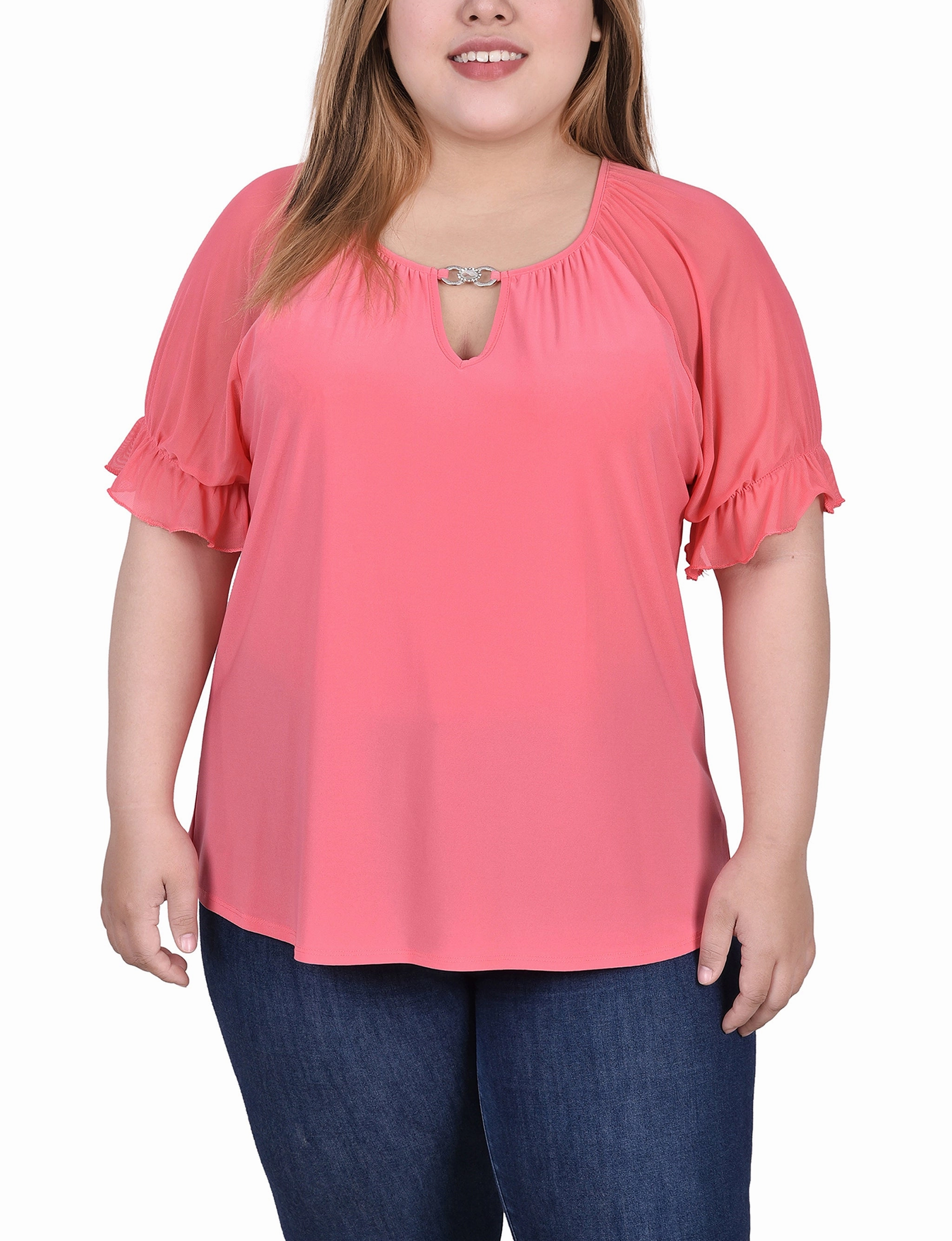 Plus Size Short Ruffle Sleeve Top With Rhinestones QuickDry Performance