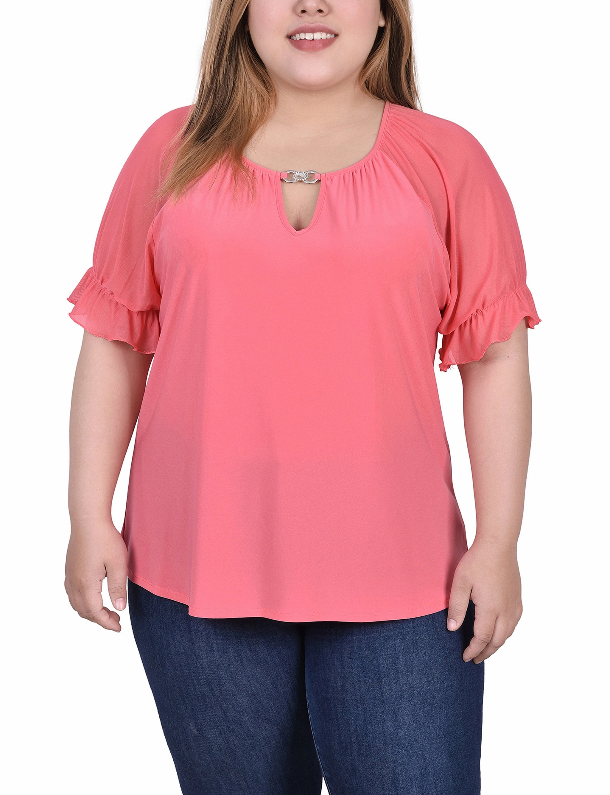 Plus Size Short Ruffle Sleeve Top With Rhinestones MeshVentilation SleevelessOption