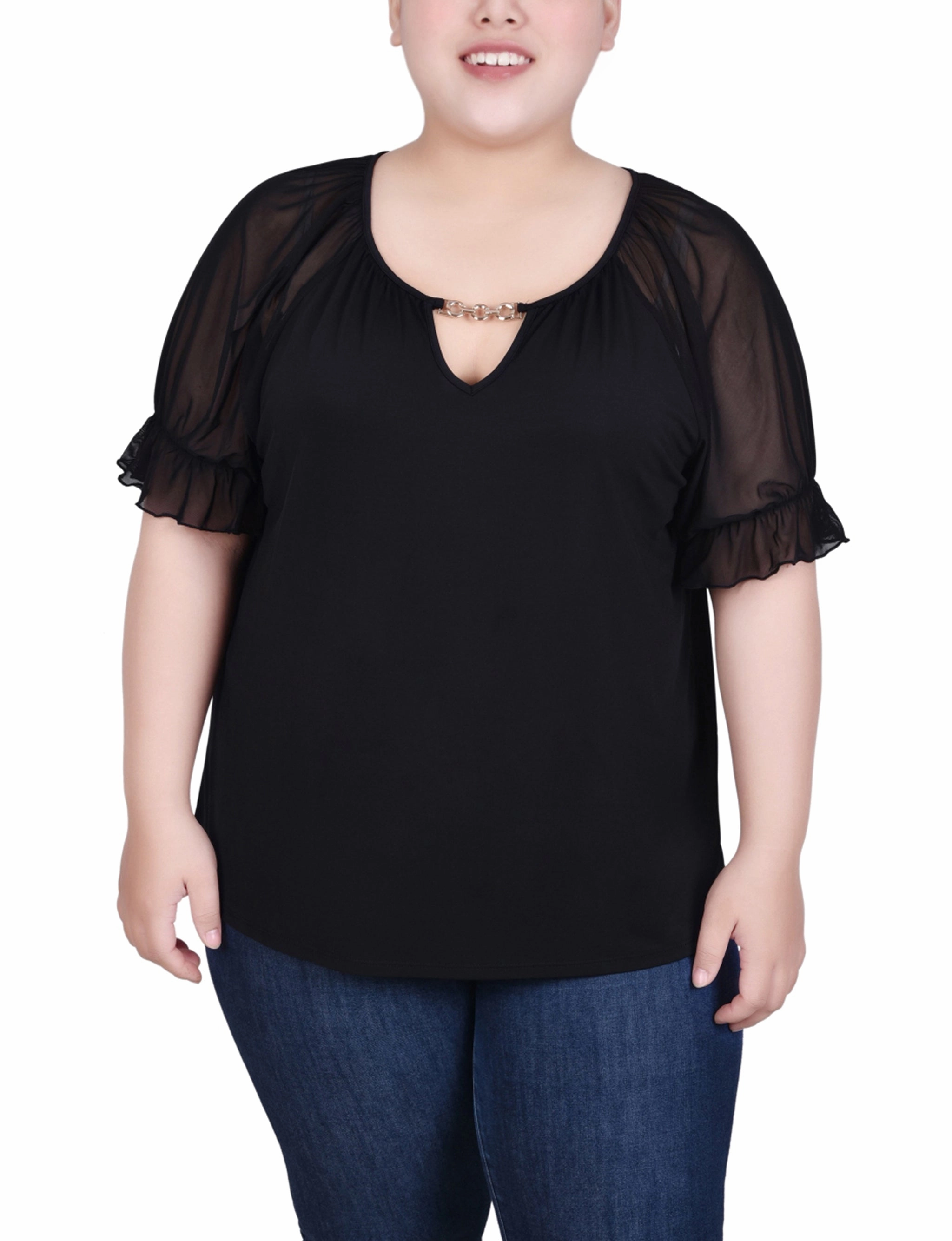 Ribbed Hemline Plus Size Short Ruffle Sleeve Top With Rhinestones