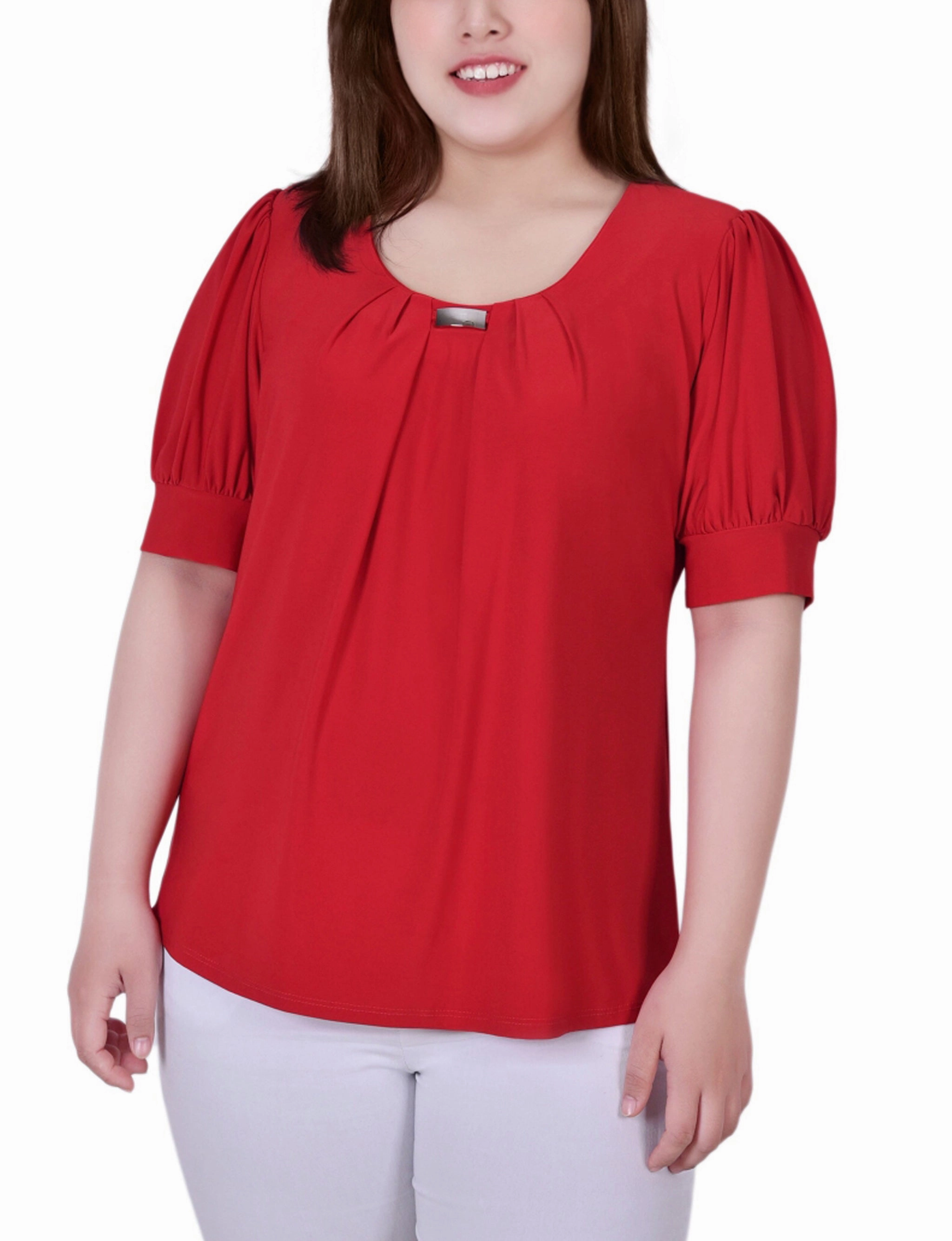 Plus Size Short Sleeve Balloon Sleeve Top With Hardware Statement-Buttons Skin Glow