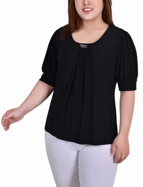 Modern Design Plus Size Short Sleeve Balloon Sleeve Top With Hardware