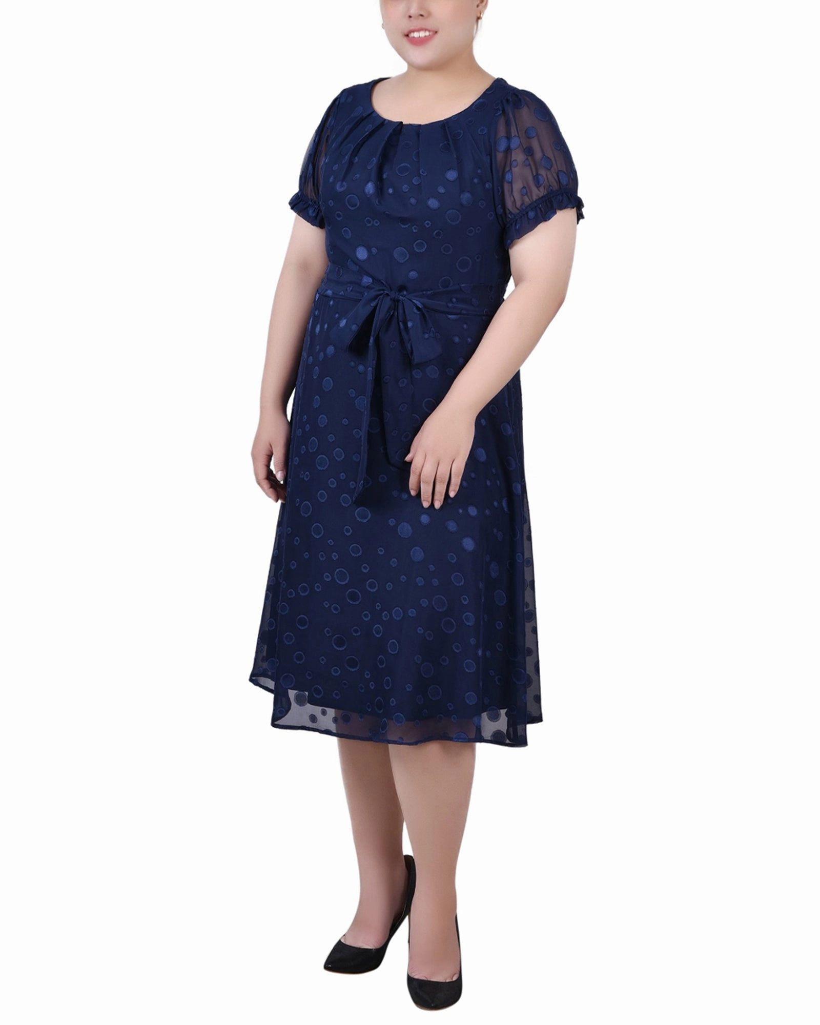Plus Size Short Sleeve Belted Swiss Dot Dress Flattering Fit Comfortable fit-and-flare dress