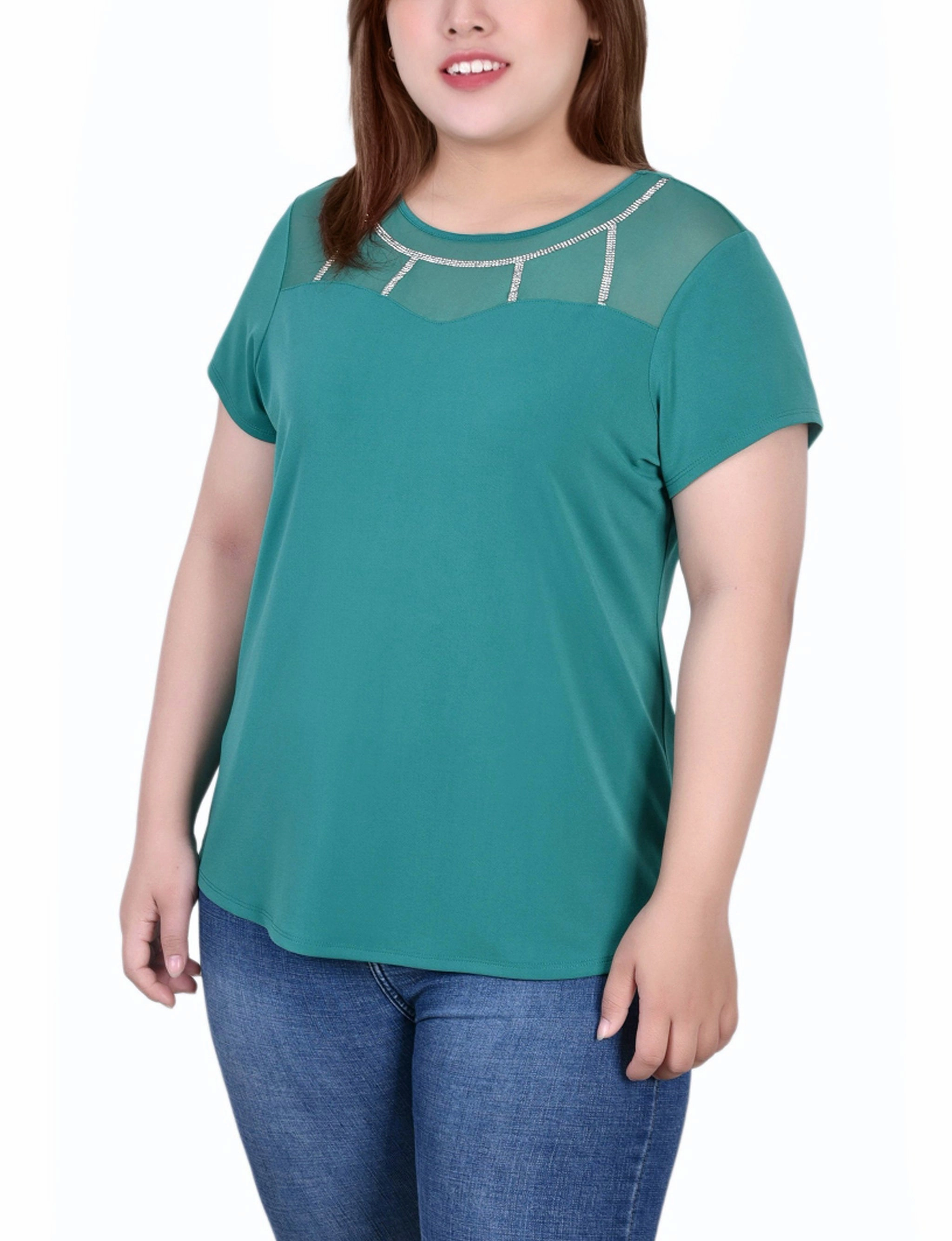 Plus Size Short Sleeve Crepe Top With Stone Details Layered Hem Detailing