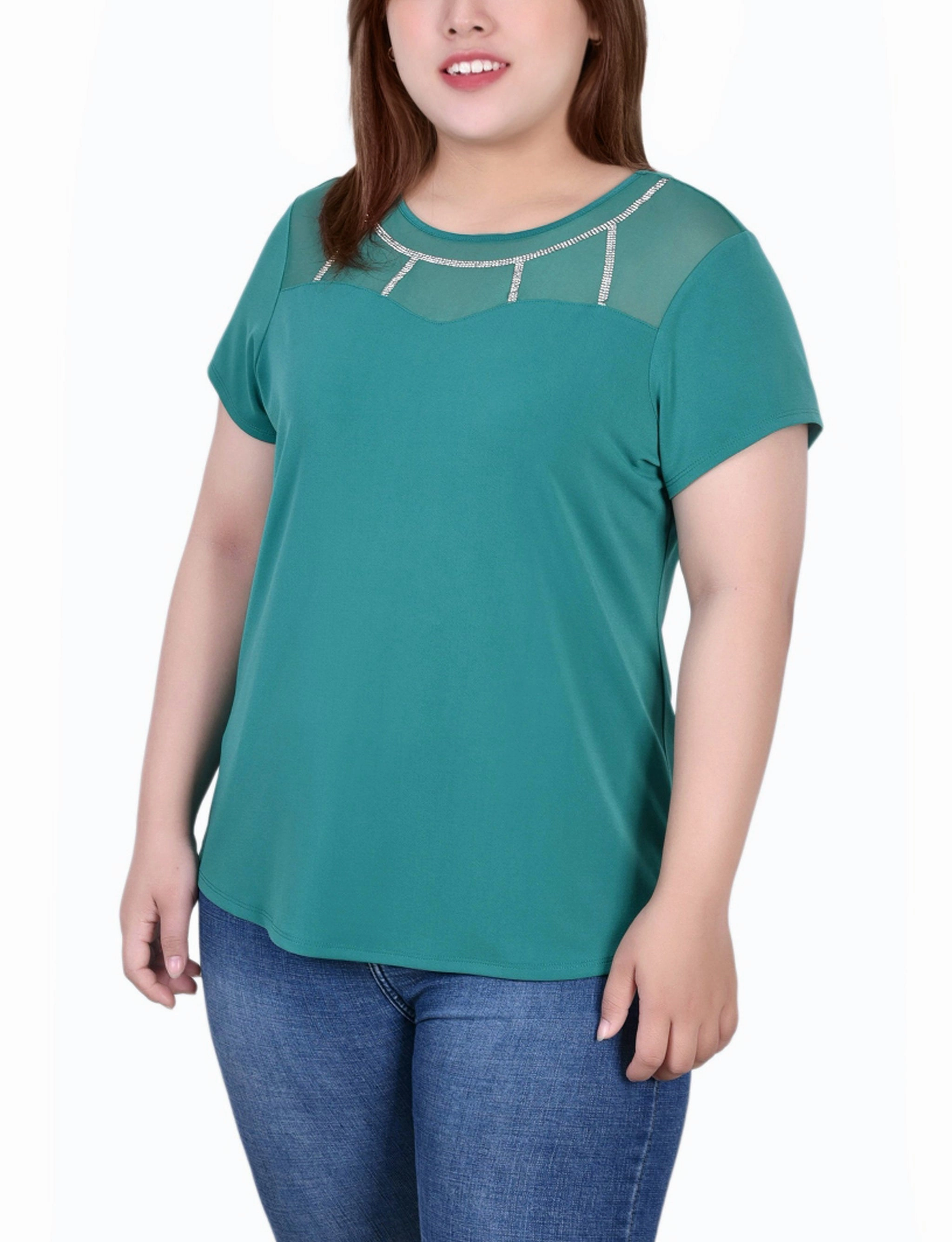 Plus Size Short Sleeve Crepe Top With Stone Details Chill Edge Smooth Layers