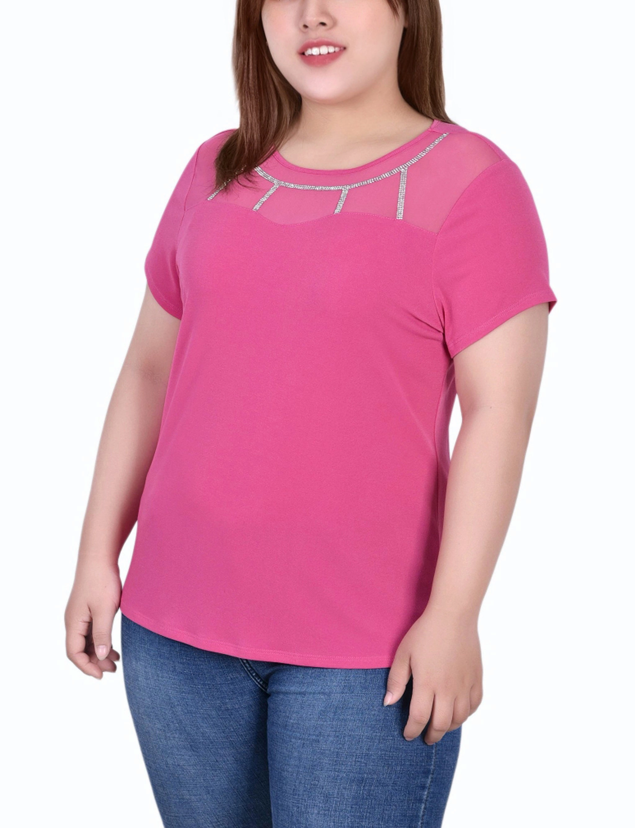 ReversibleStyle Plus Size Short Sleeve Crepe Top With Stone Details