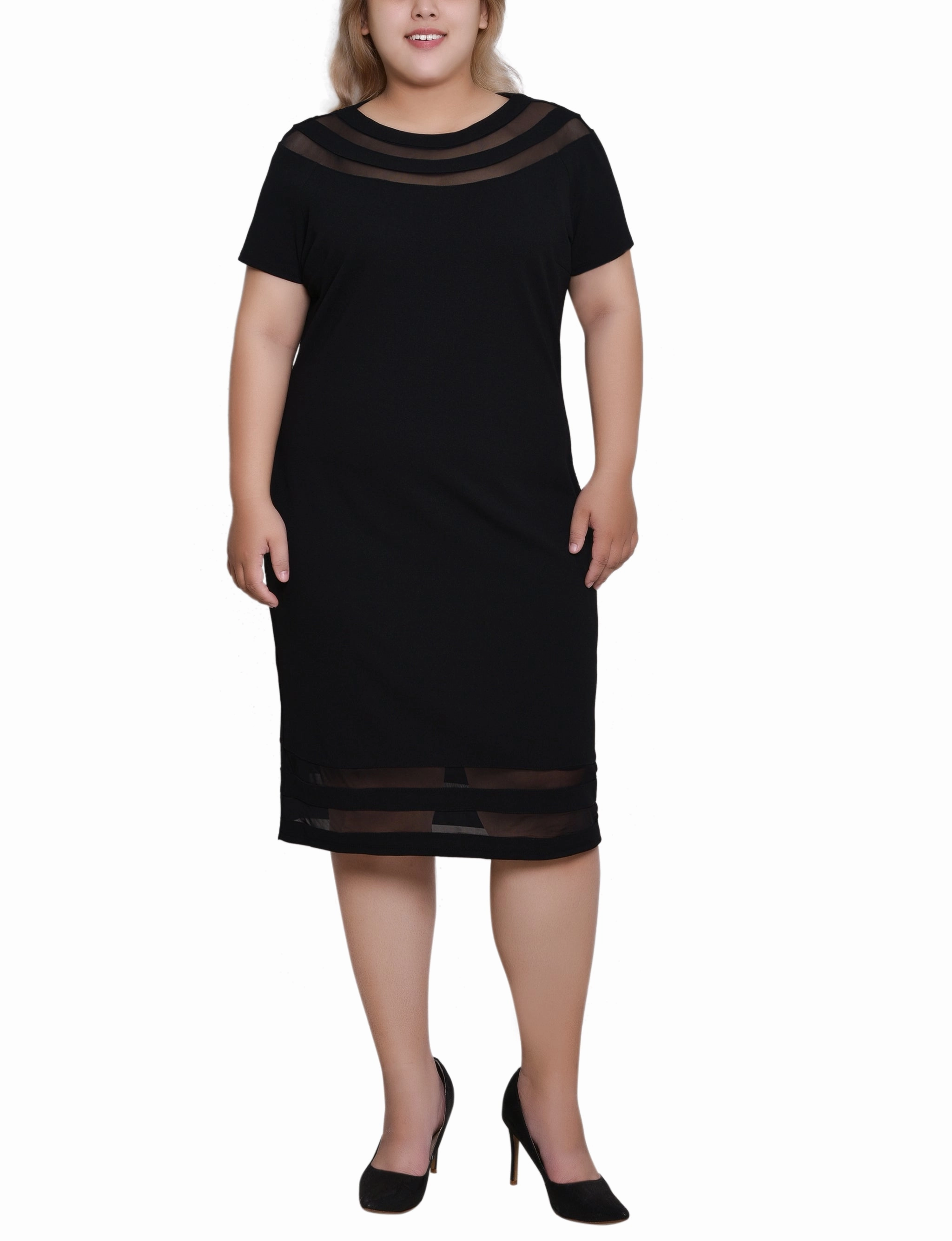 Effortless weekend dress flattering appearance Plus Size Short Sleeve Dress With Mesh Insets