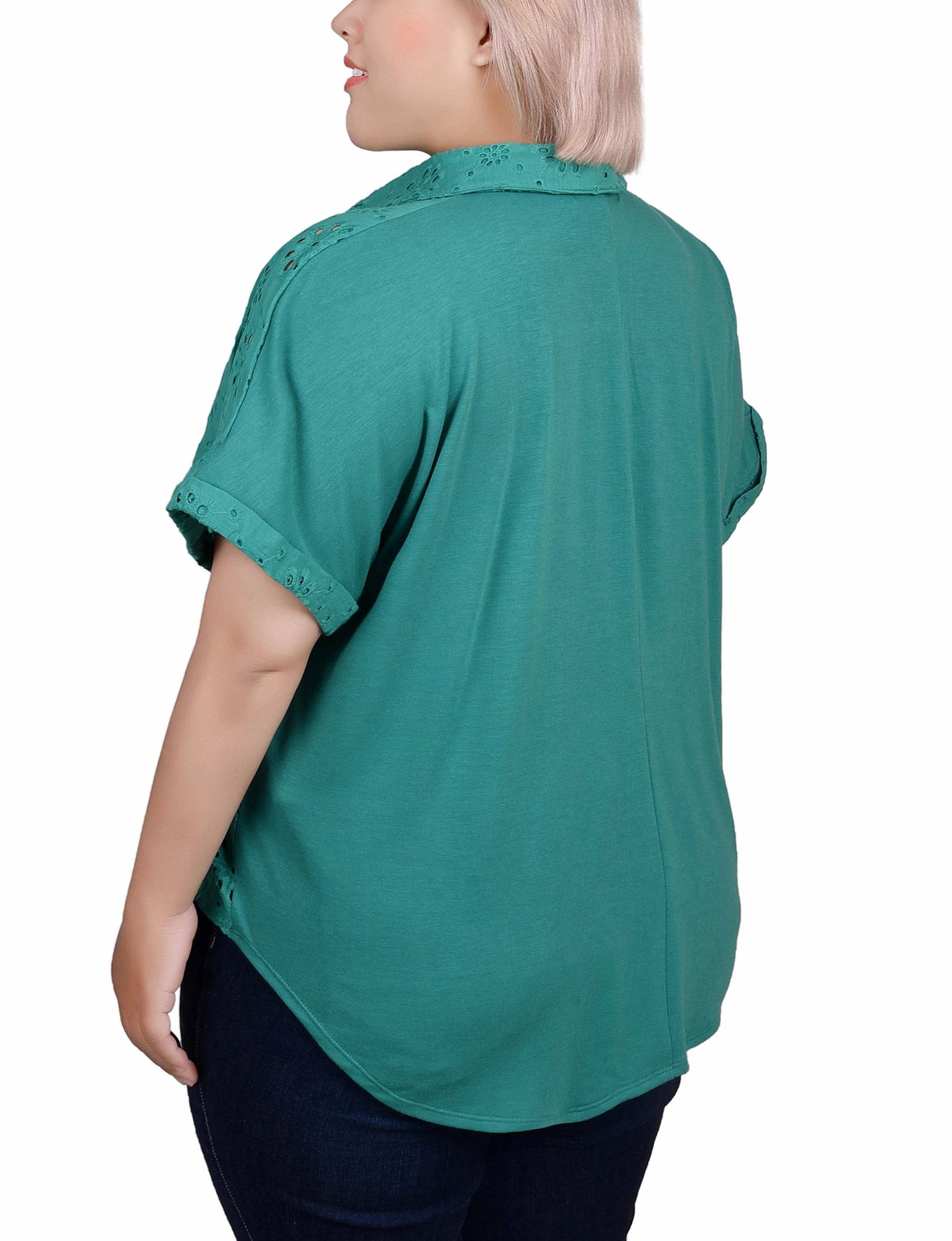 Plus Size Short Sleeve Eyelet/Jersey Blouse Erasable Surface Coating