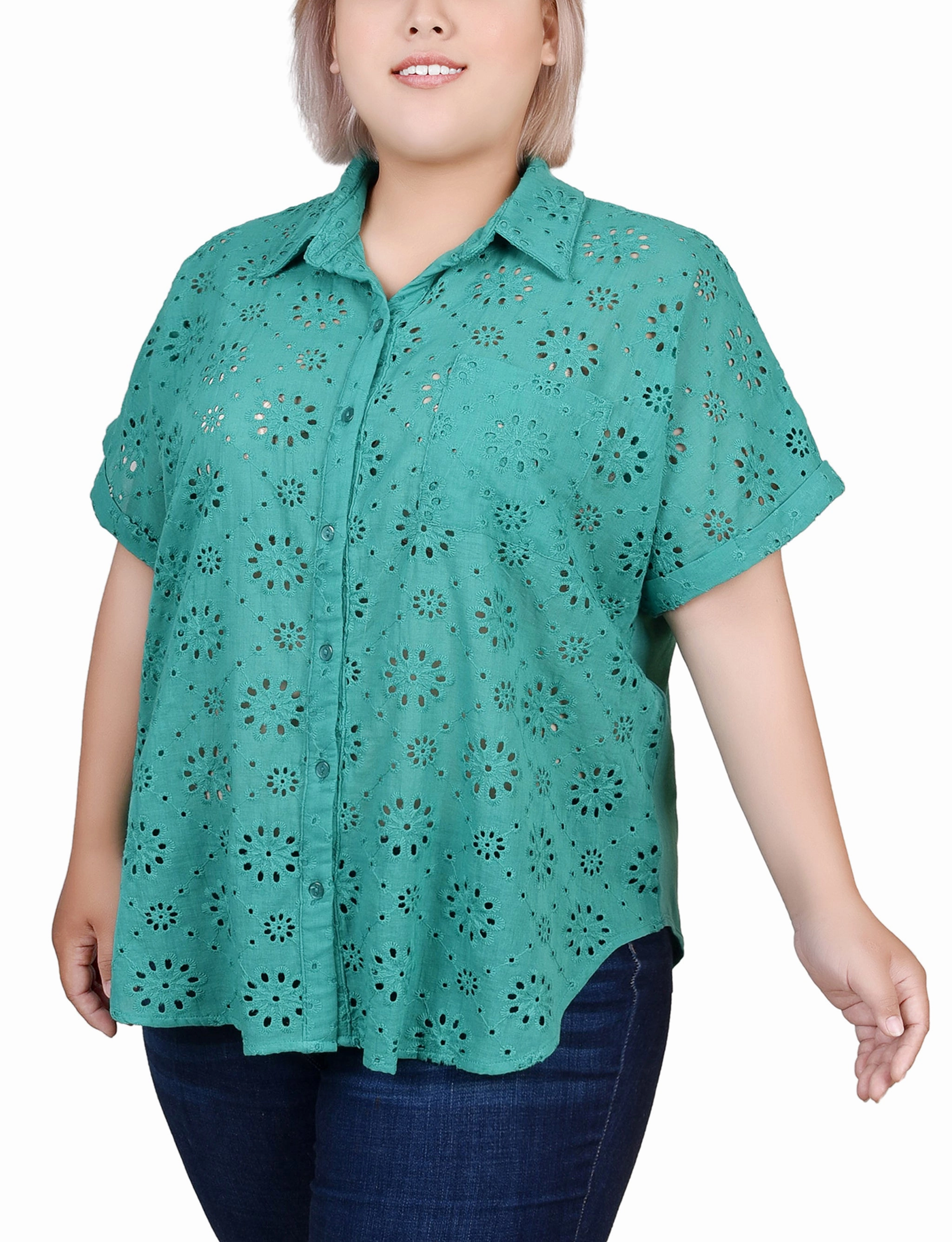 Garment Washed Softness AllPurposeWear Plus Size Short Sleeve Eyelet/Jersey Blouse