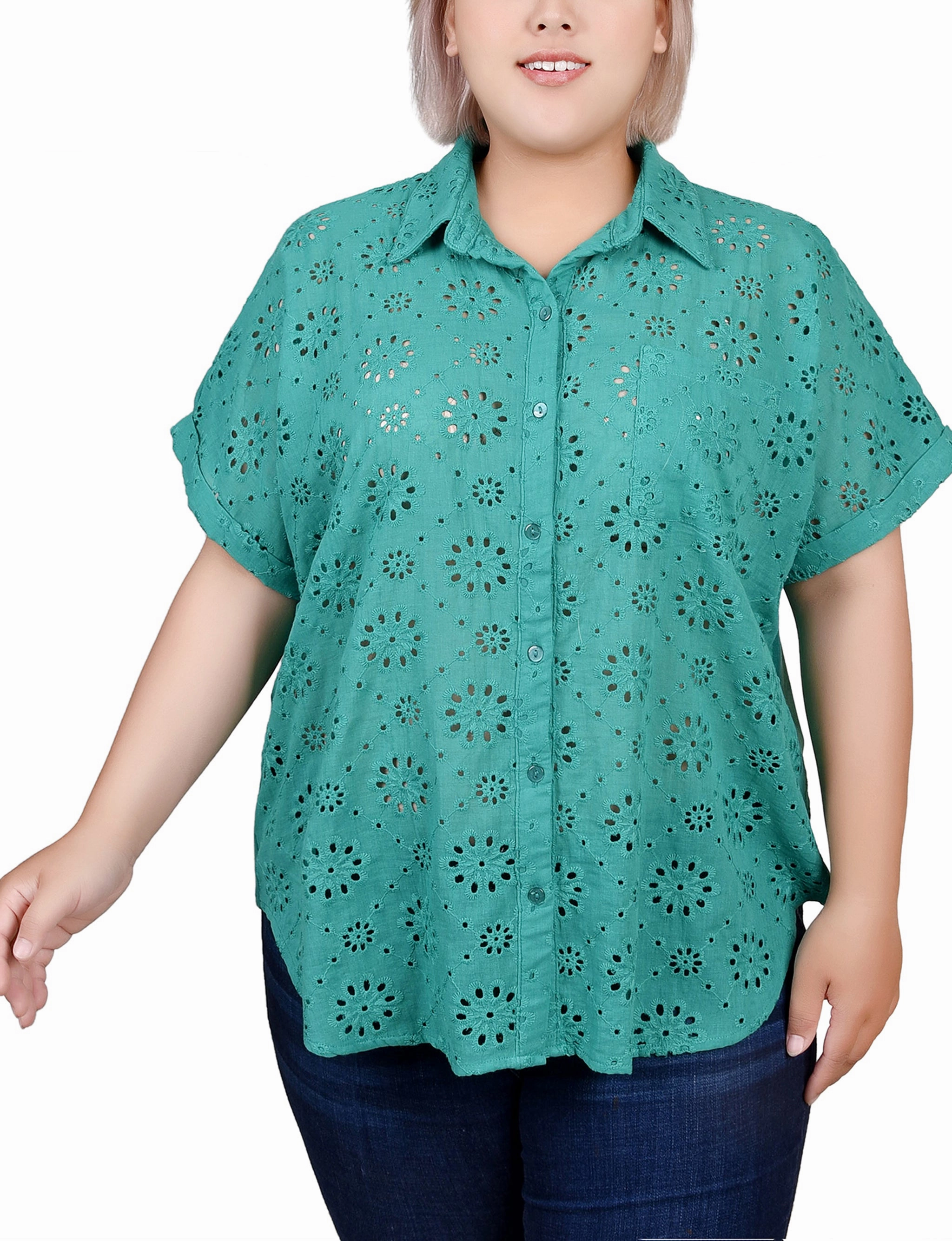 Petal Sleeve Architecture Temperature Control Technology Plus Size Short Sleeve Eyelet/Jersey Blouse