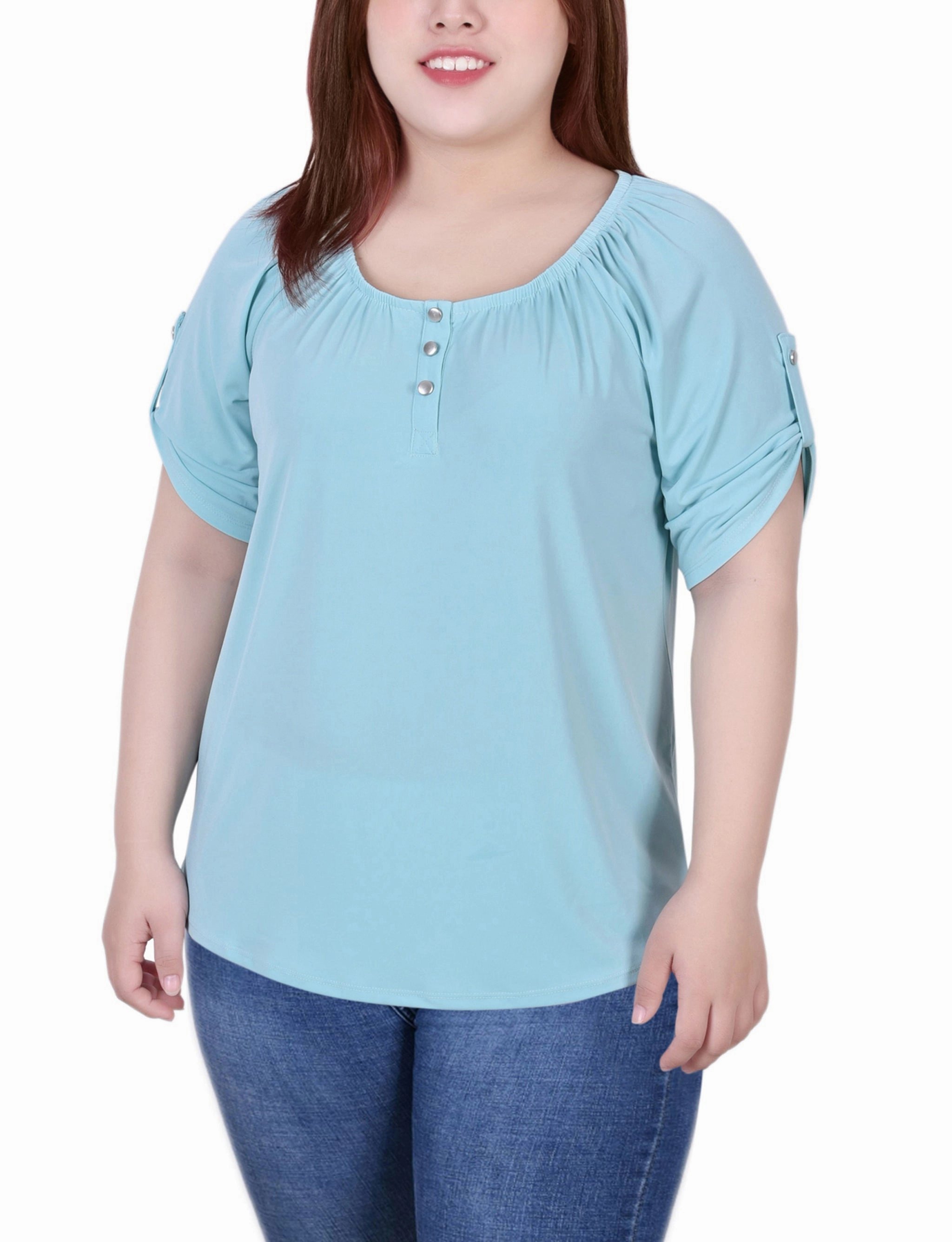 Match Quick Soft Drape Plus Size Short Sleeve Round Neck Henley Top