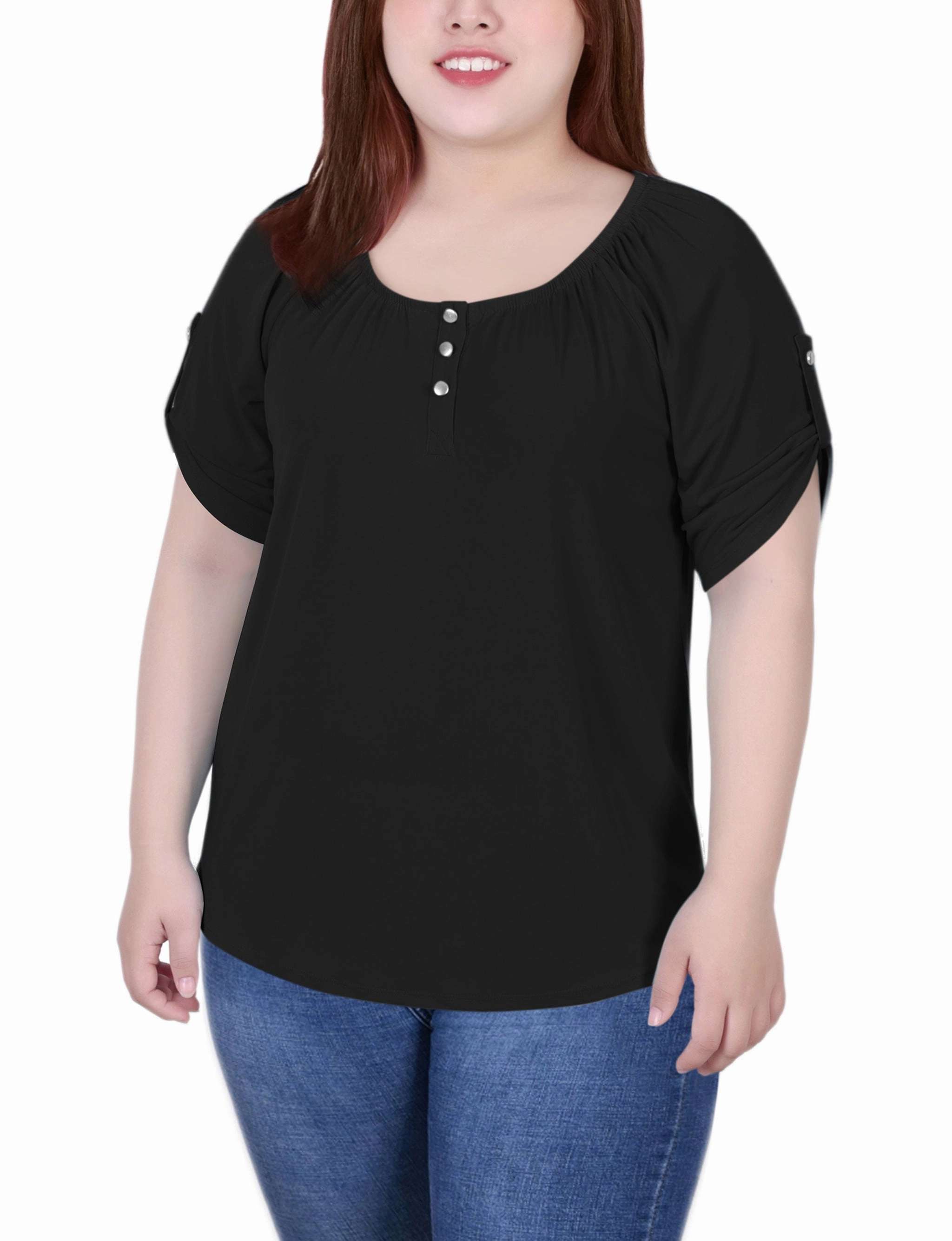 Plus Size Short Sleeve Round Neck Henley Top Timeless Layer Evening Classic