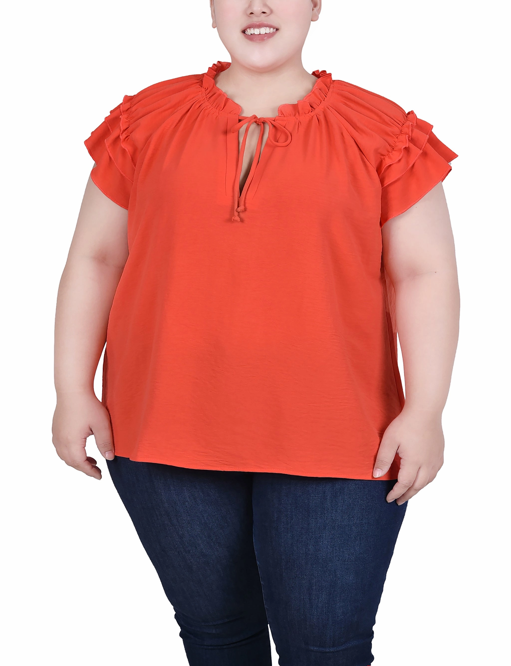 Plus Size Short Sleeve Ruffled Blouse Reflective Logo Detail