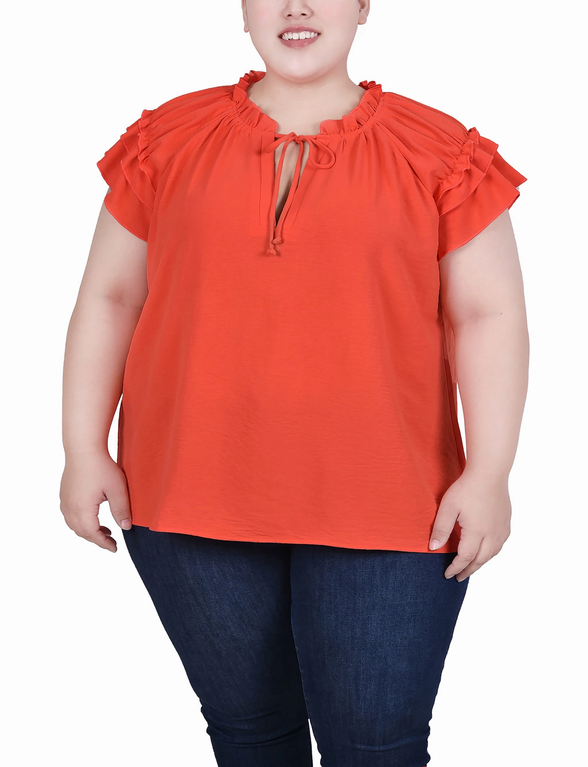 Plus Size Short Sleeve Ruffled Blouse Reinforced Stress Points