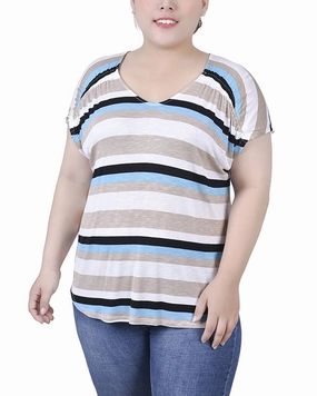 Plus Size Short Sleeve Striped V Neck Top Timeless Vibe