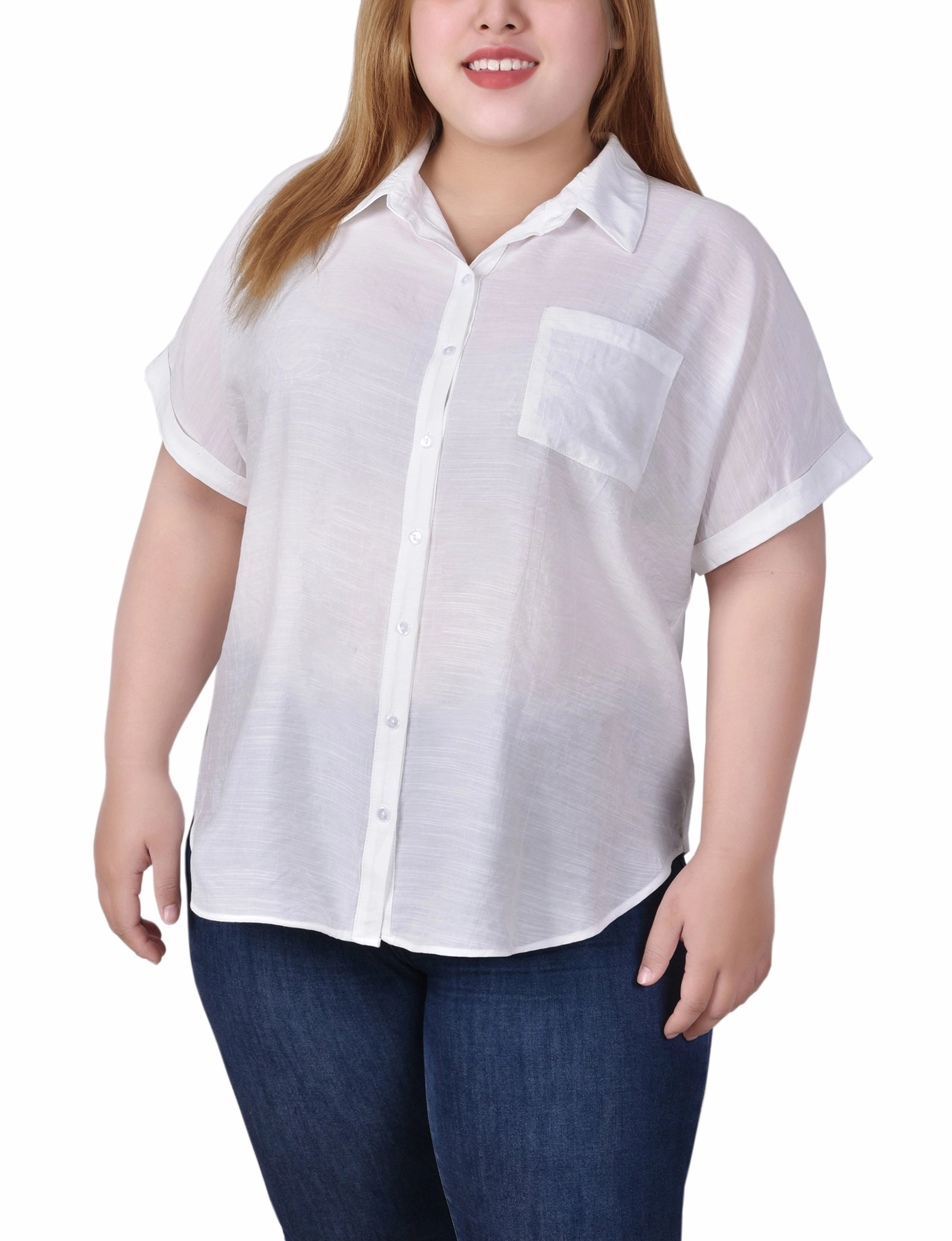 Plus Size Short Sleeve Woven Front/Jersey Back Top Yarn Dyed Stripes EasyClean