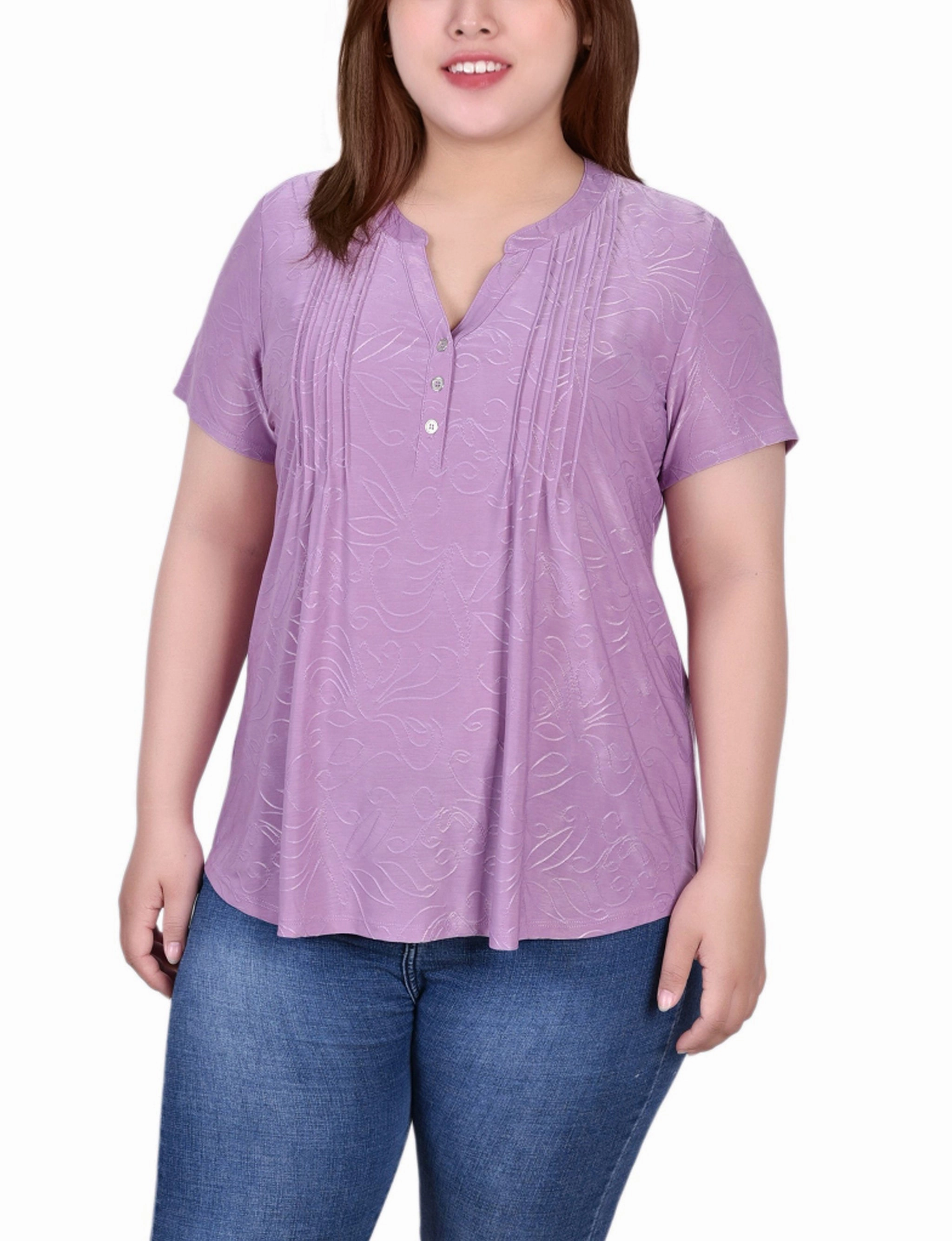 SoftTouch Plus Size Short Sleeve Y Neck Jacquard Knit Top