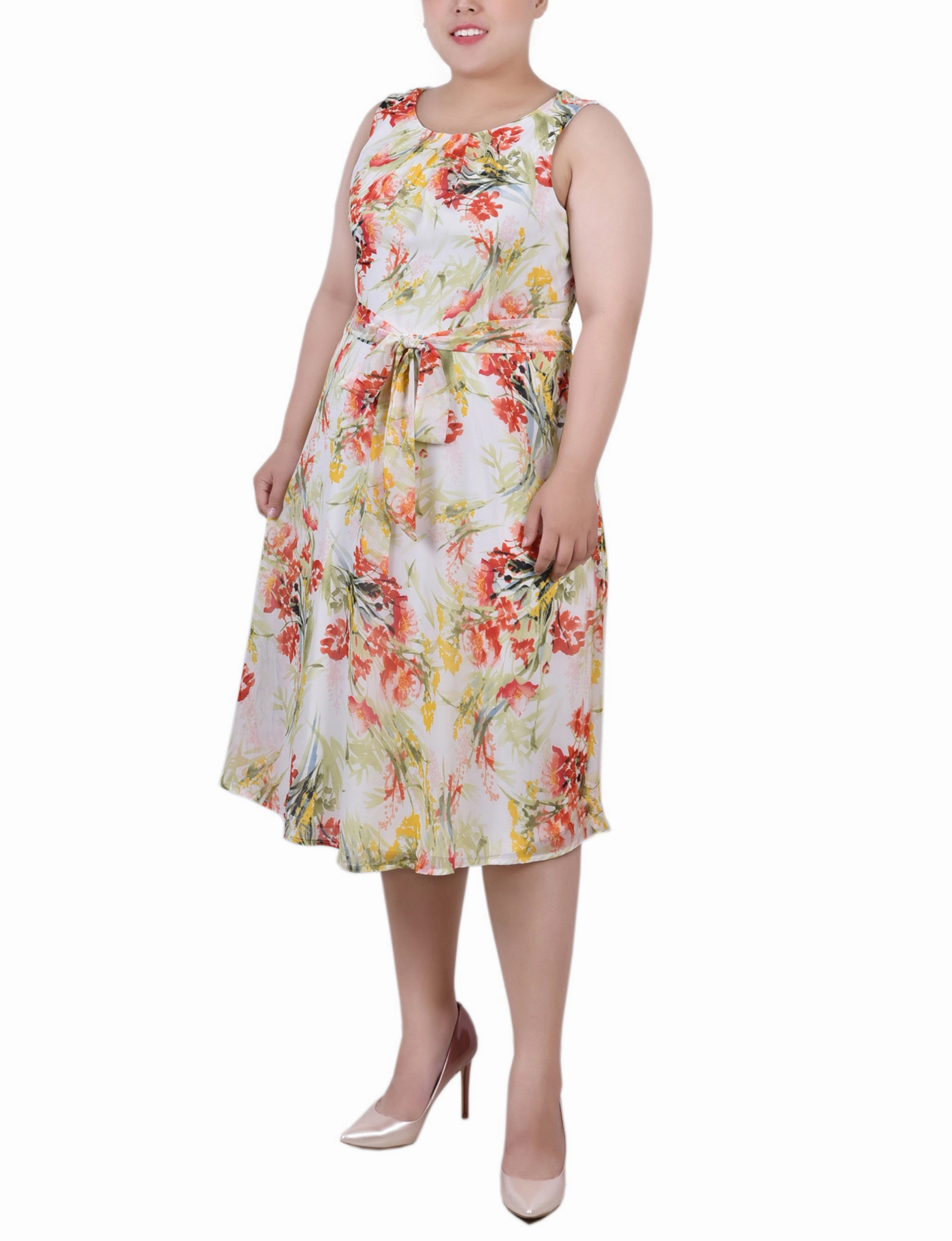 Side Tie Plus Size Sleeveless Chiffon Belted Dress