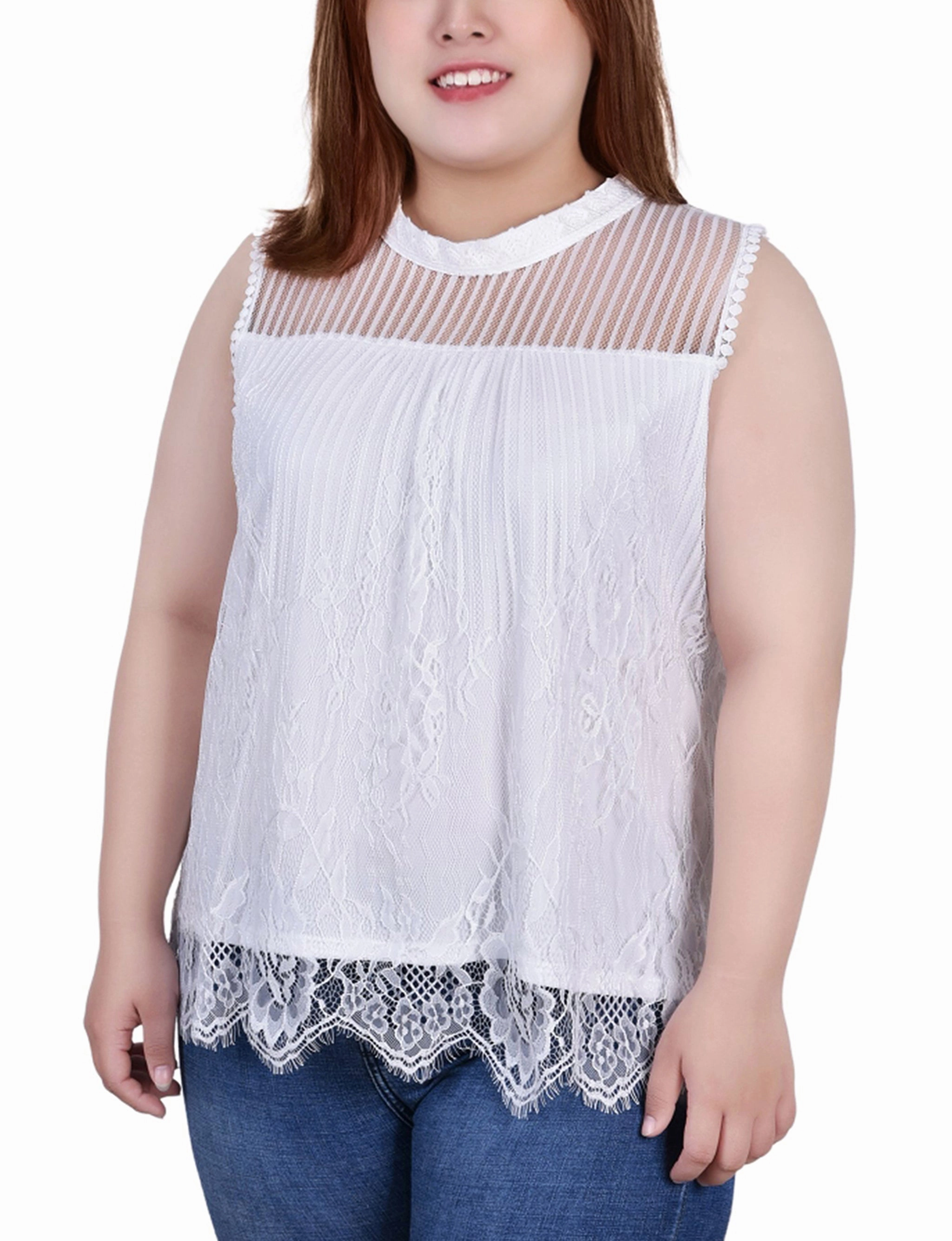 TearResistantWeave MoistureManagementSystem Plus Size Sleeveless Mock Neck Lace Top