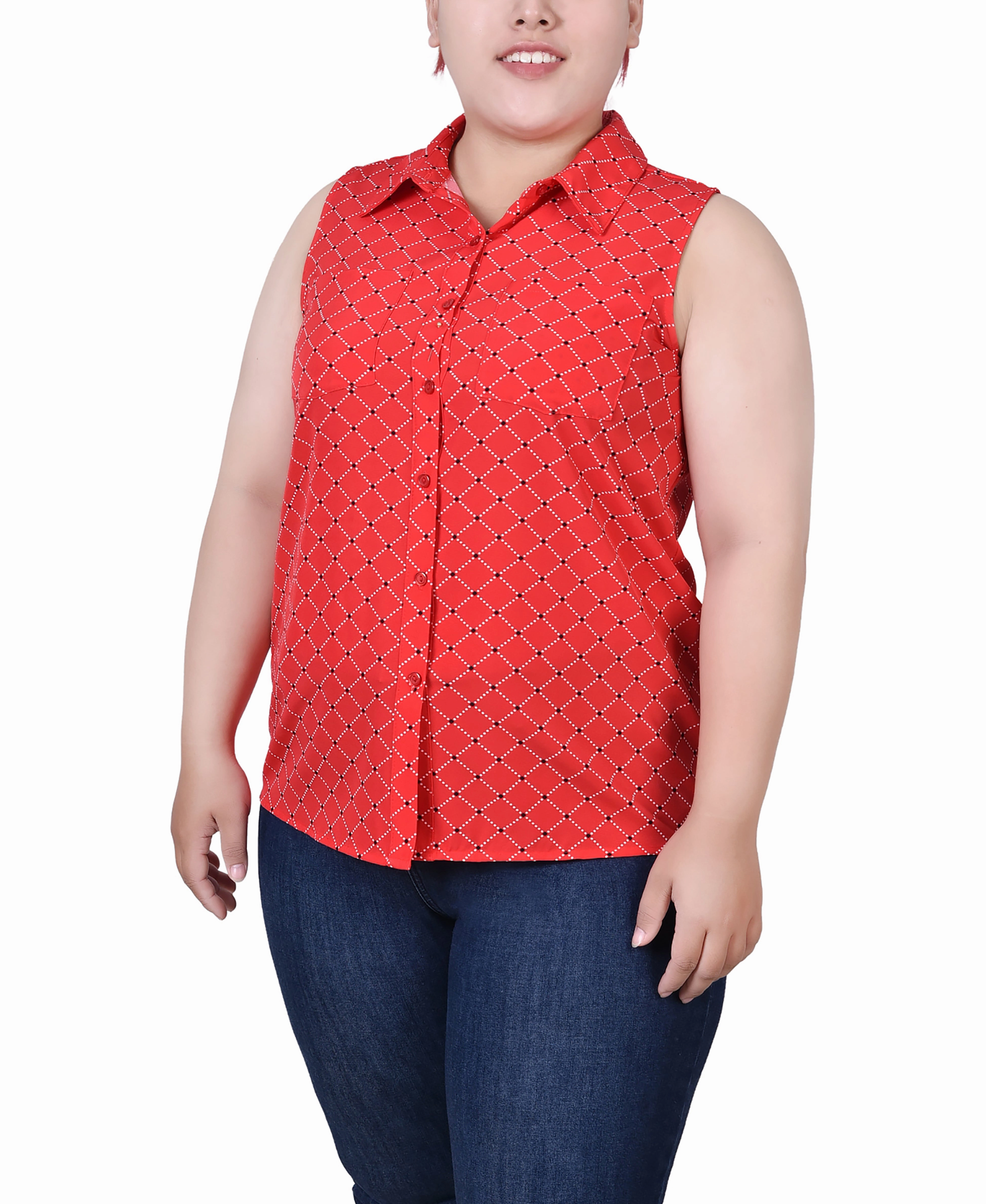 Plus Size Sleeveless Notch Collar Button Front Blouse Stylish Look
