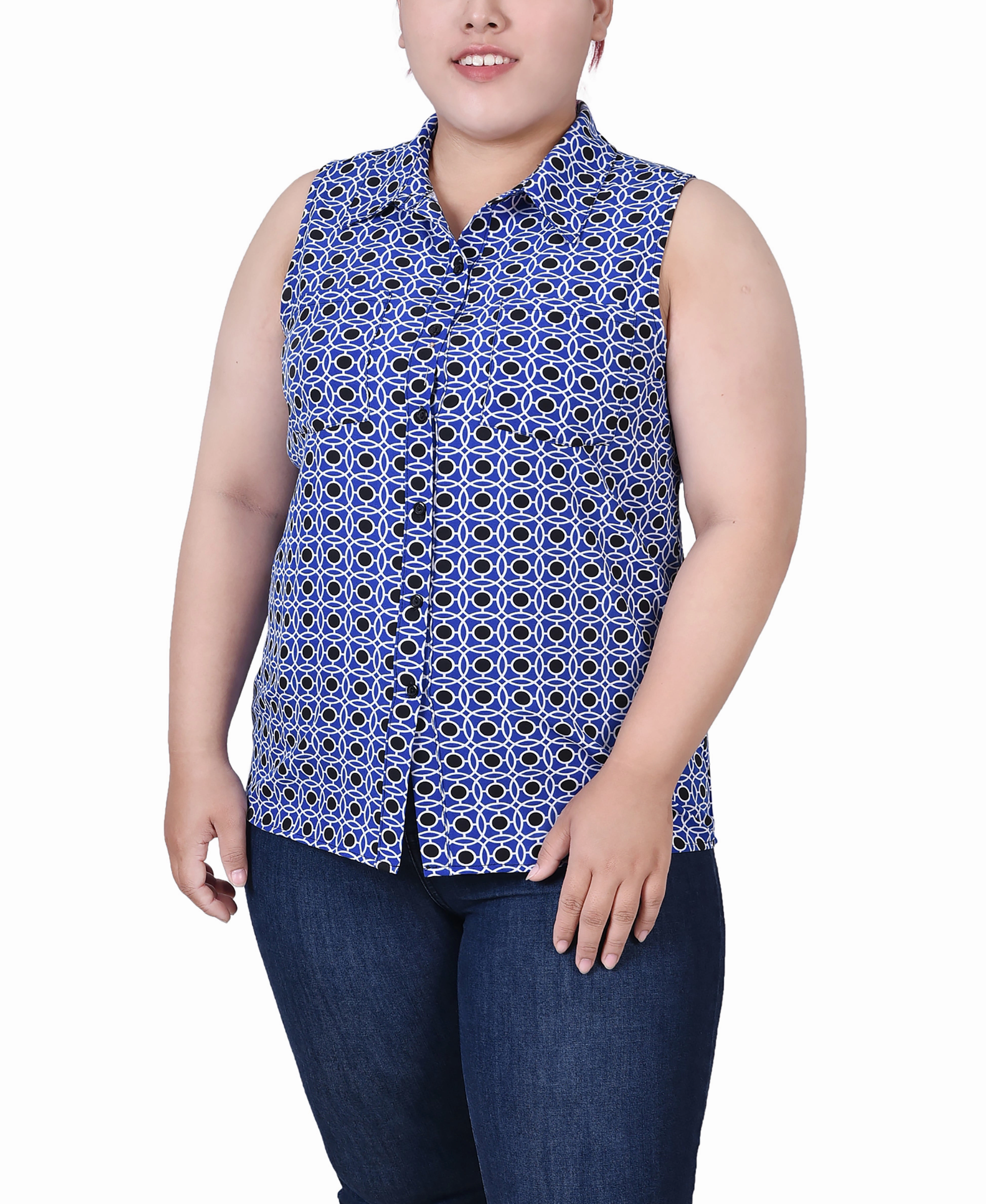 FourWay Stretch Plus Size Sleeveless Notch Collar Button Front Blouse