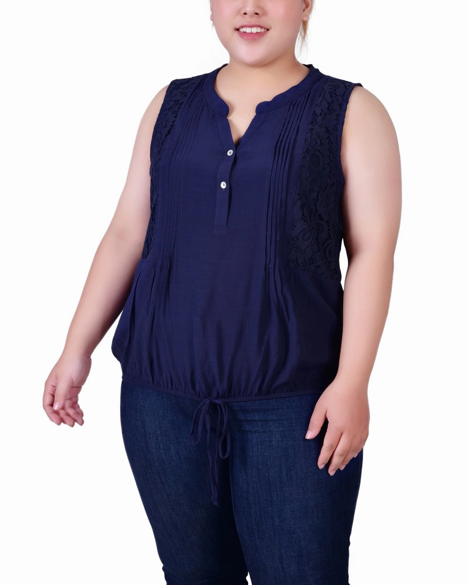 Plus Size Sleeveless Pintuck Tie-Hem Blouse Warm Hoodie Textured Weave