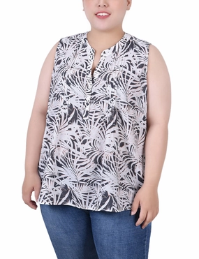 Plus Size Sleeveless Pintucked Blouse AntiFade Treatment Convertible Neckline
