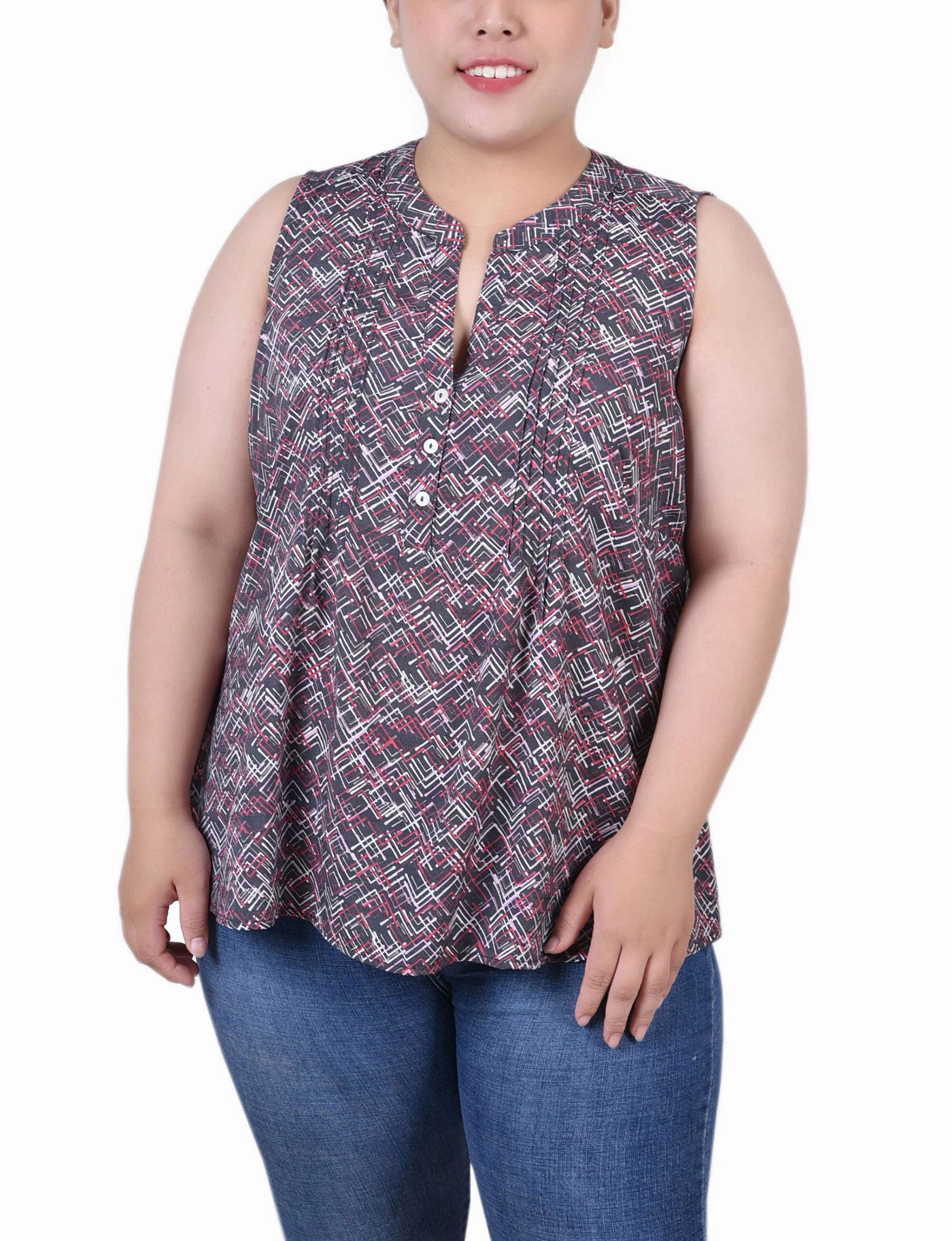 Plus Size Sleeveless Pintucked Blouse FlexibleNeckline