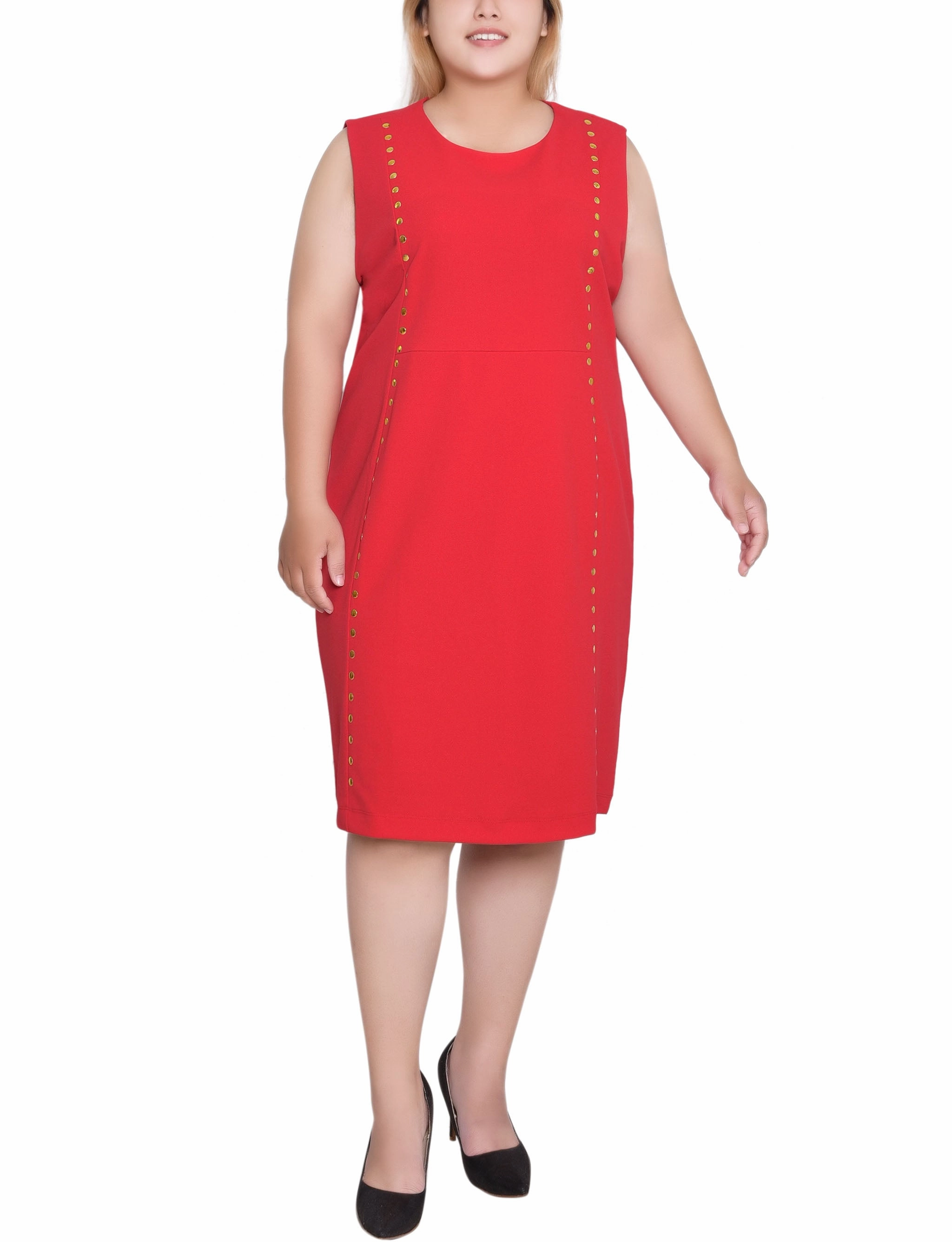 Plus Size Sleeveless Stud Front Dress Subtle-Print Layered-Sleeve