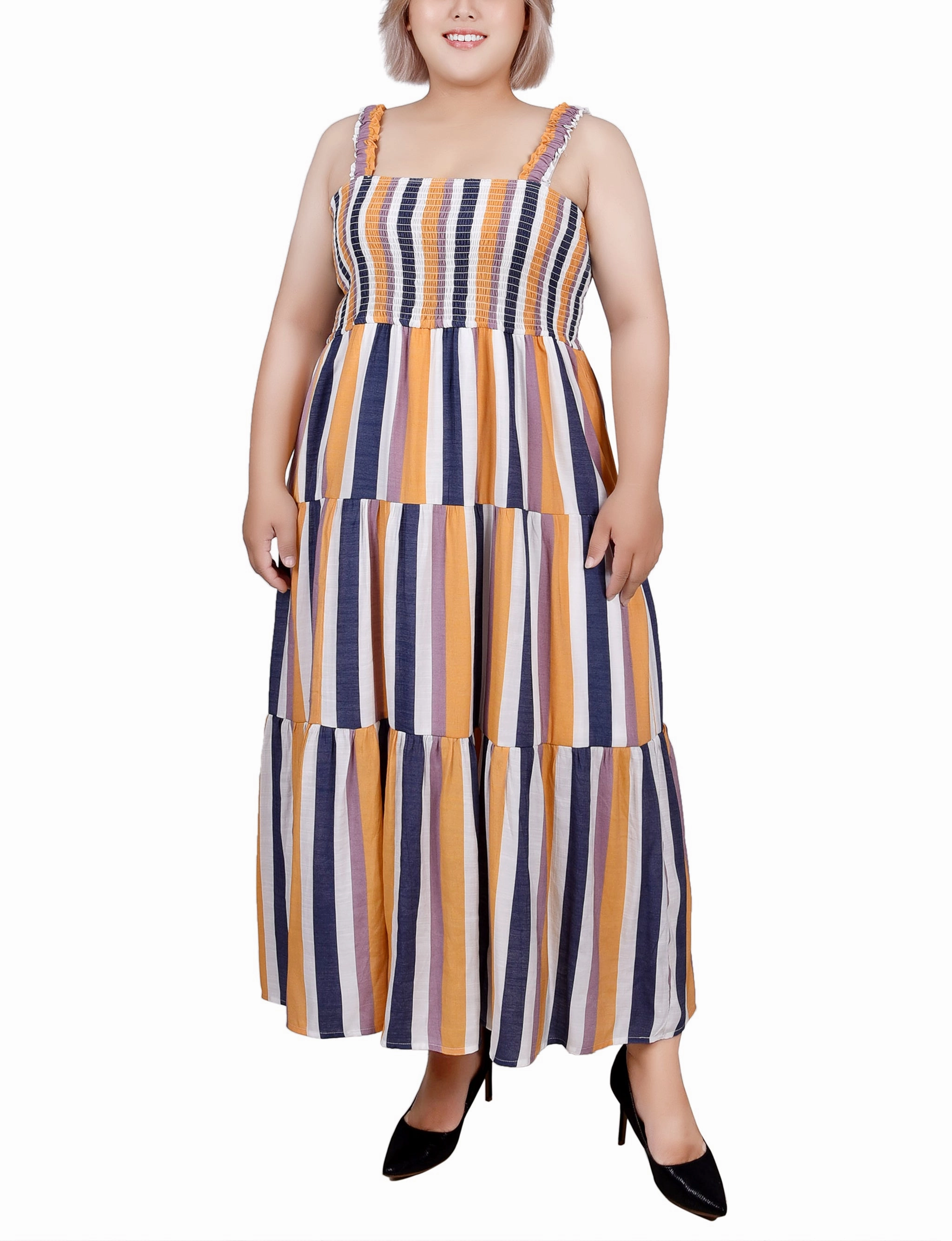 Plus Size Smocked-Bodice Tiered Dress Sister Charm Casual Wear