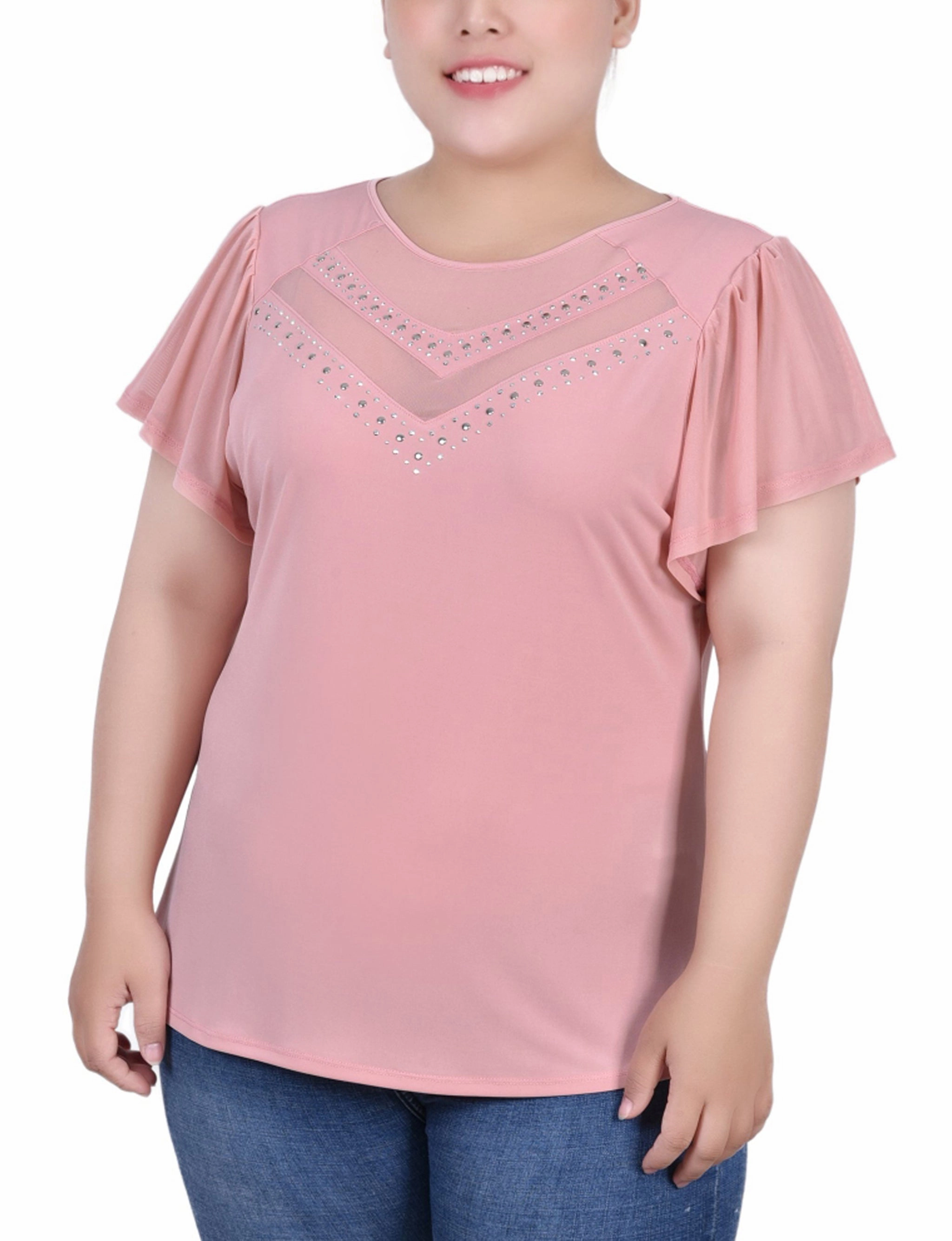 Plus Size Studded Short Flutter Sleeve Top With Mesh Details Sheer Overlay Fall Flow