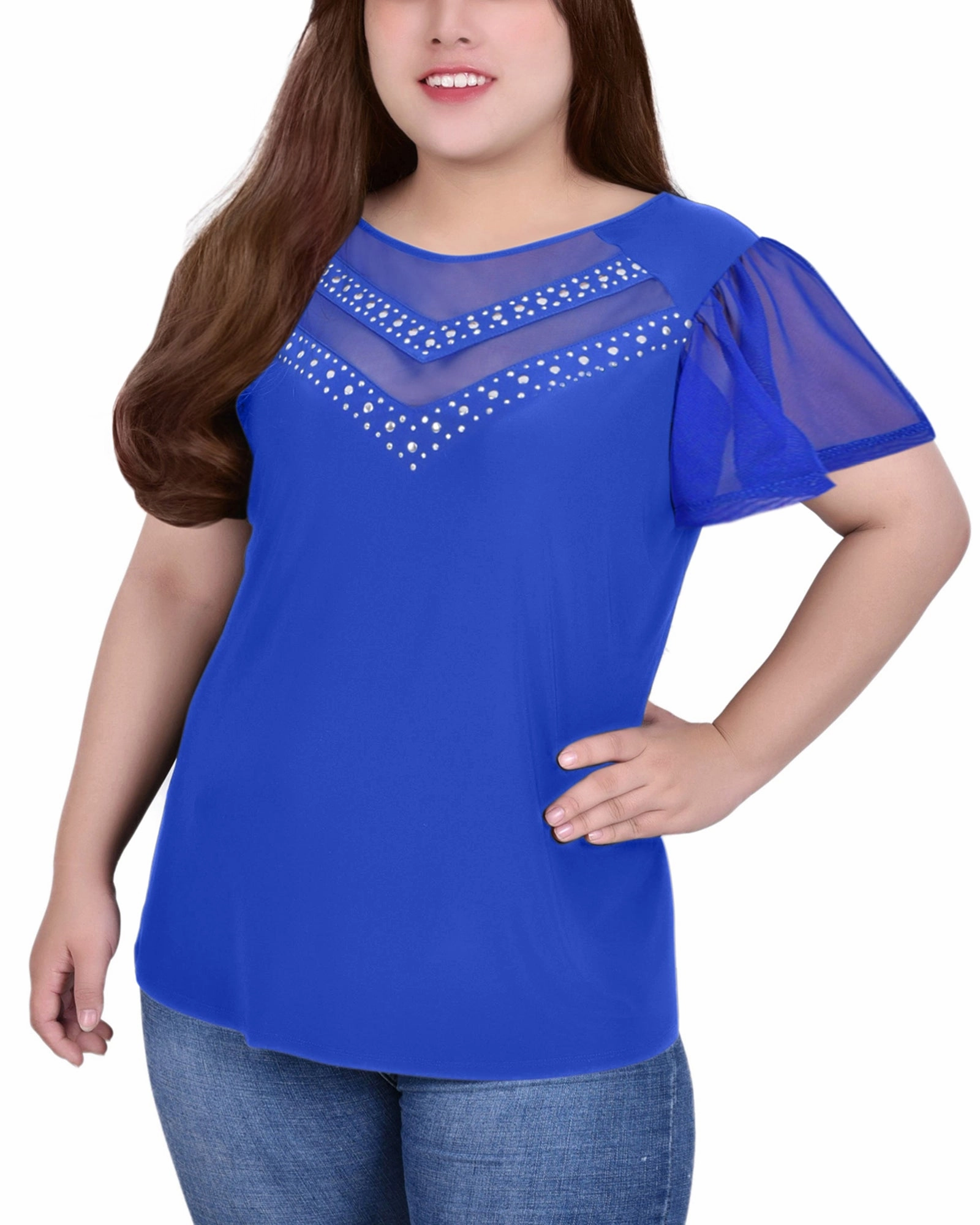 Odor Resistant Fabric Plus Size Studded Short Flutter Sleeve Top With Mesh Details