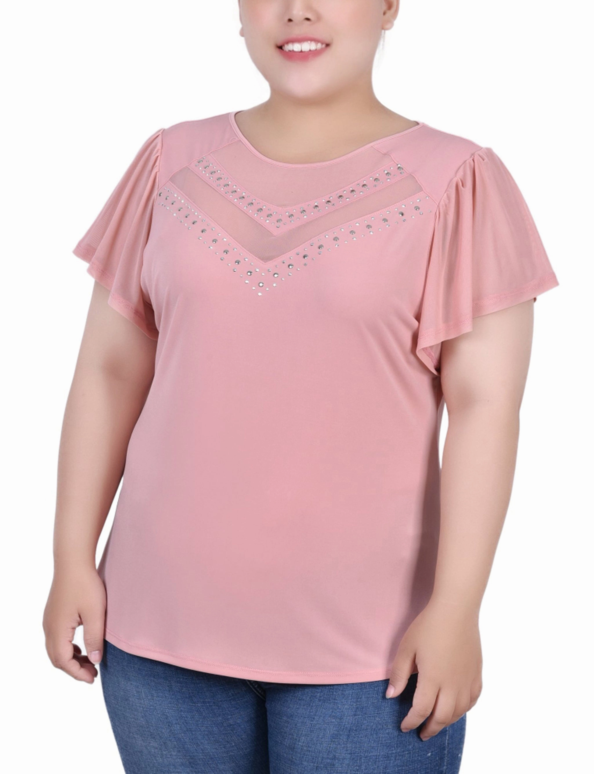 Plus Size Studded Short Flutter Sleeve Top With Mesh Details EcoFriendlyTexture