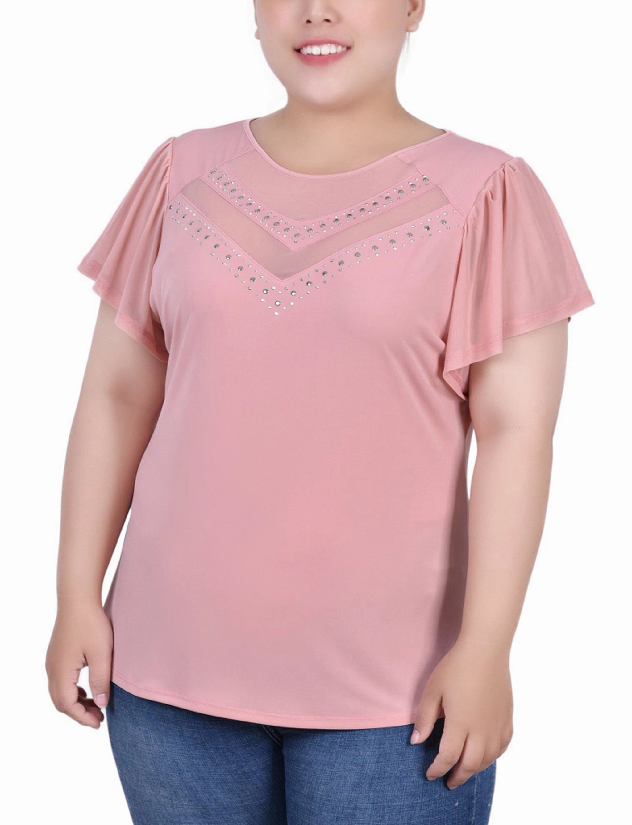 Shine Skin Relaxed Line Plus Size Studded Short Flutter Sleeve Top With Mesh Details