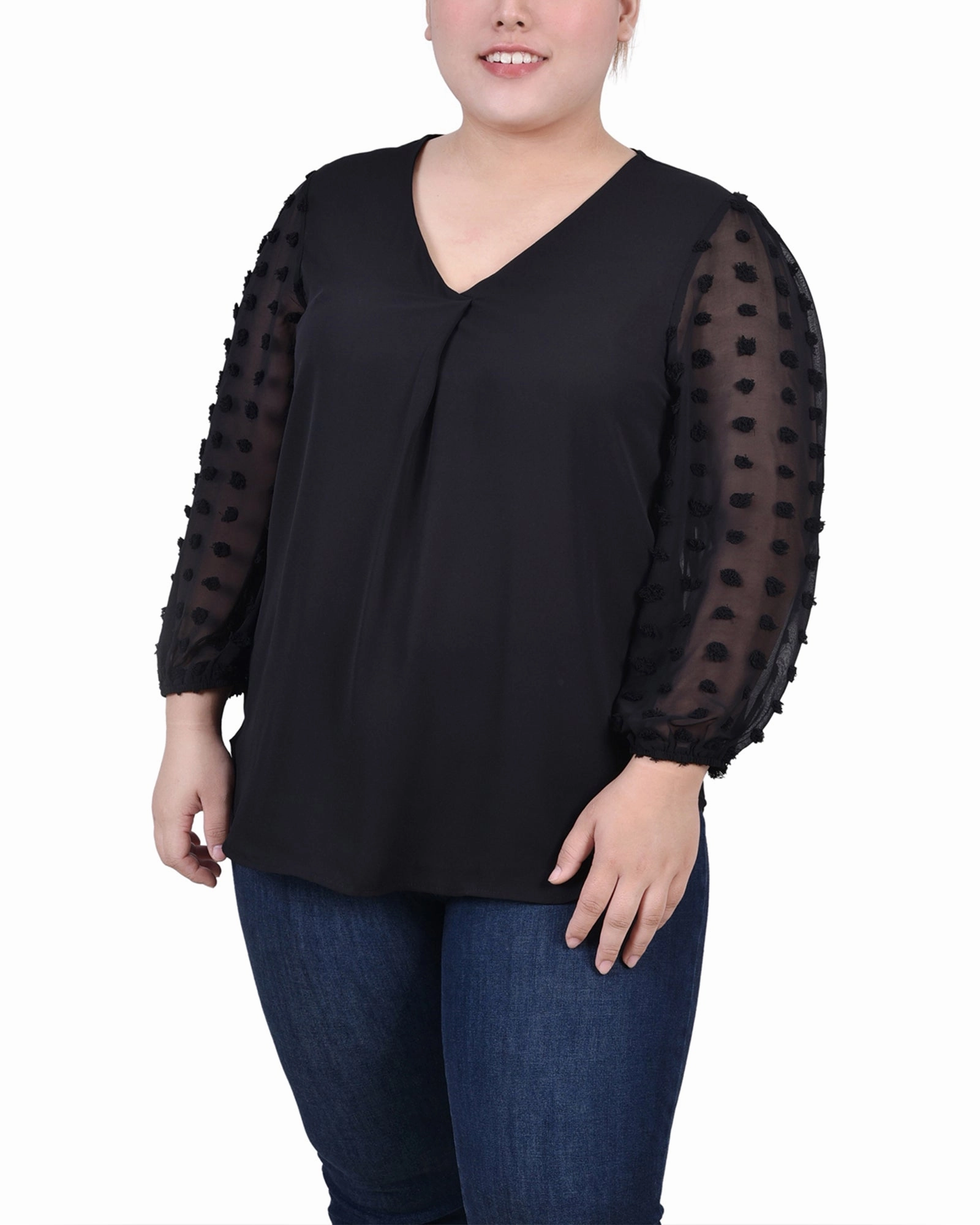 Plus Size V Neck Blouse With 3/4 Jacquard Chiffon Sleeves Summer Blouse UPFProtection