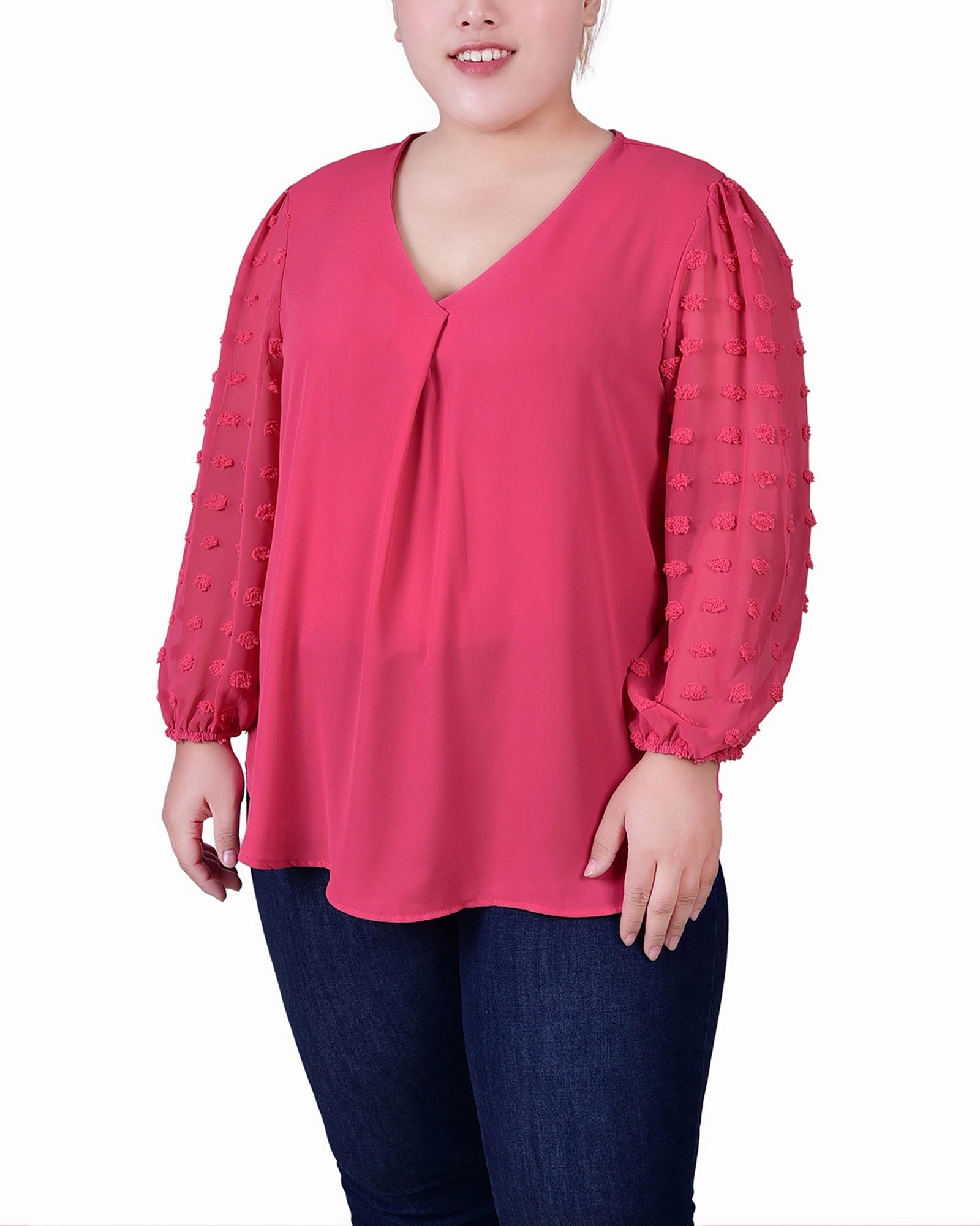 Plus Size V Neck Blouse With 3/4 Jacquard Chiffon Sleeves MeshPanelIntegration