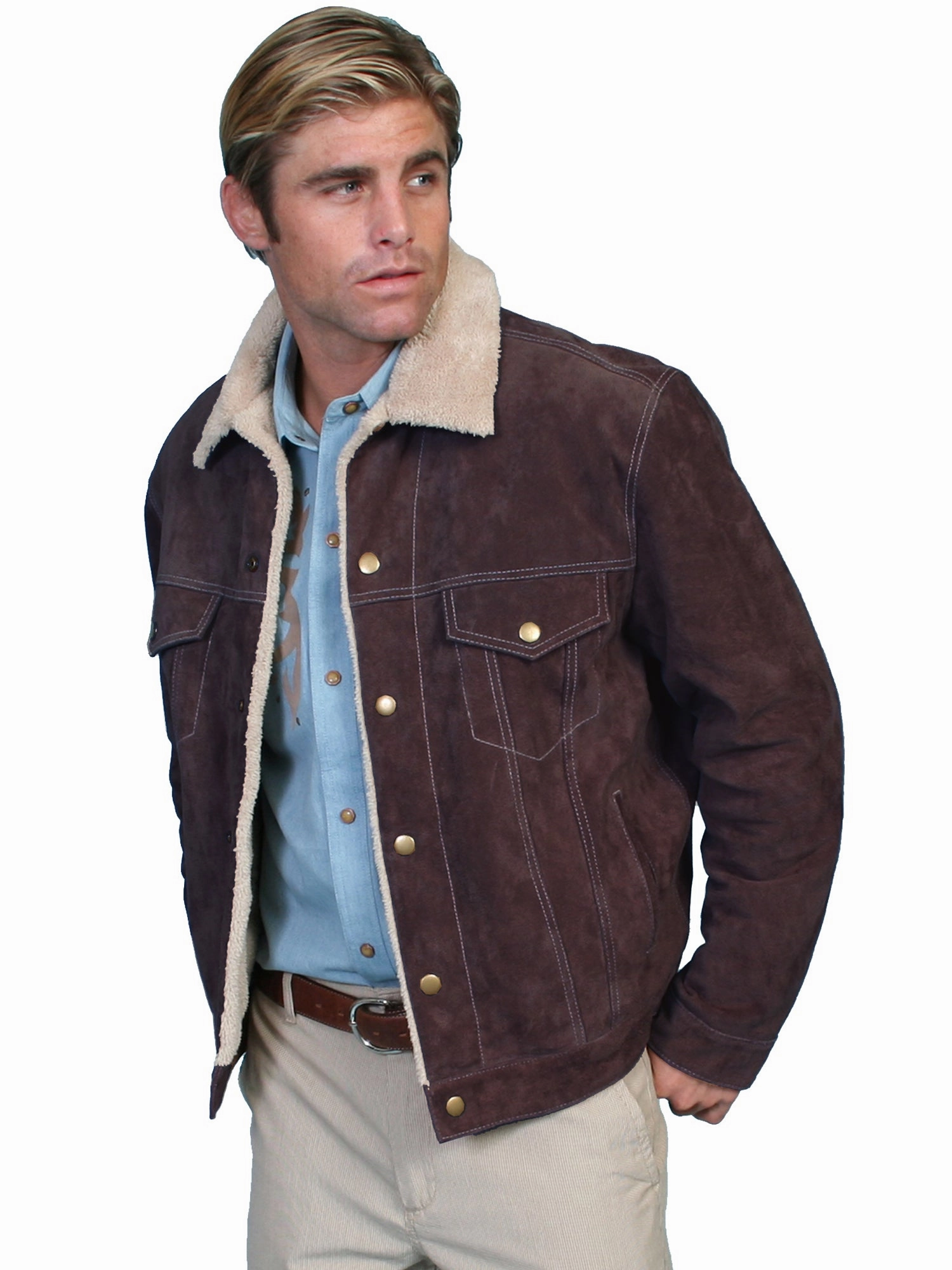 Scully Mens Chocolate Boar Suede Jean Jacket Matte Finish Layer Friendly Shape
