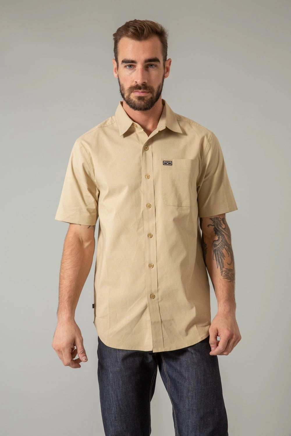 Kimes Ranch Mens Linville Solid Khaki Cotton Blend S/S Shirt Quick-Dry