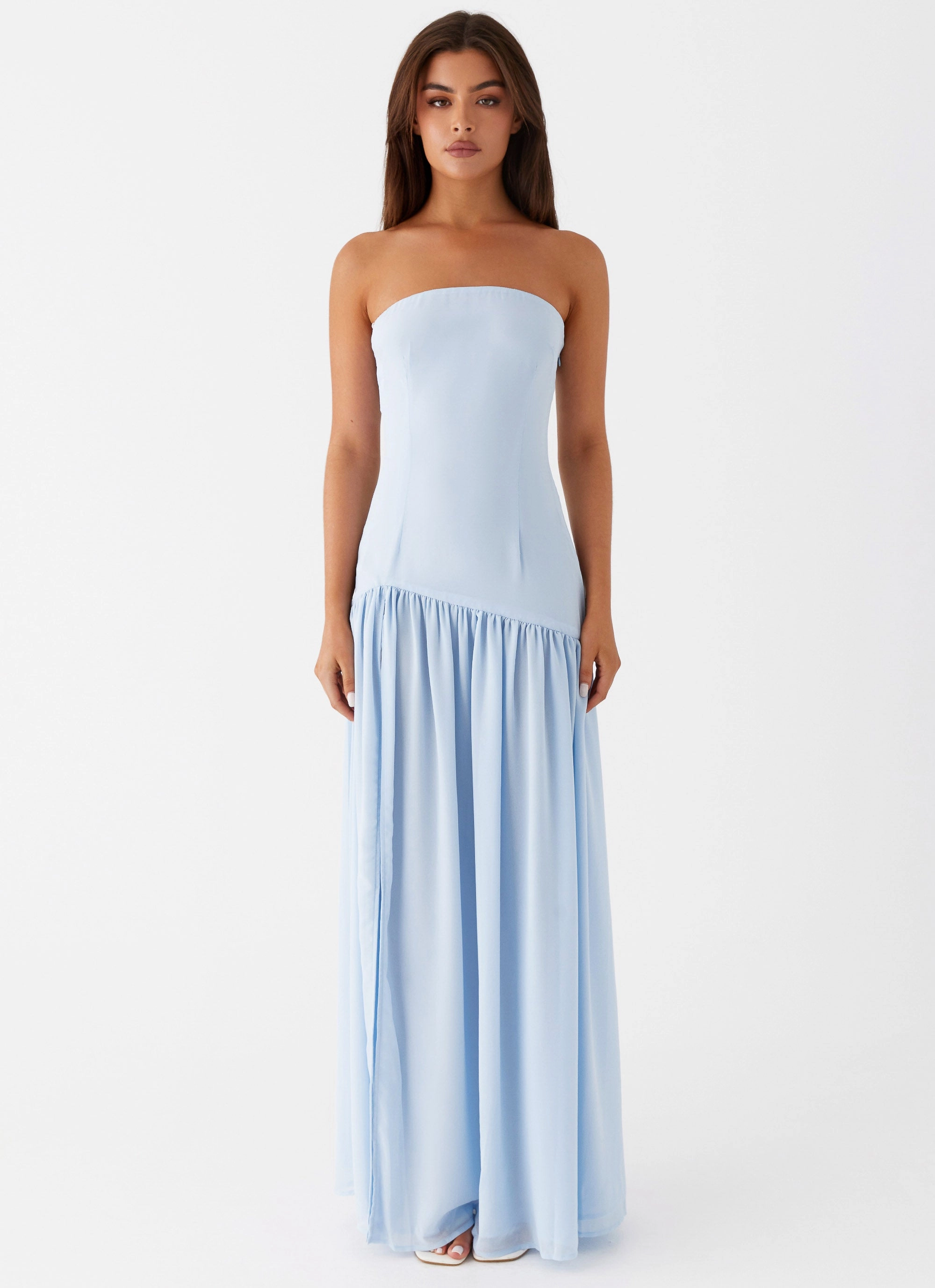 Eden Strapless Maxi Dress - Blue Zip Up Jacket Long Sleeve