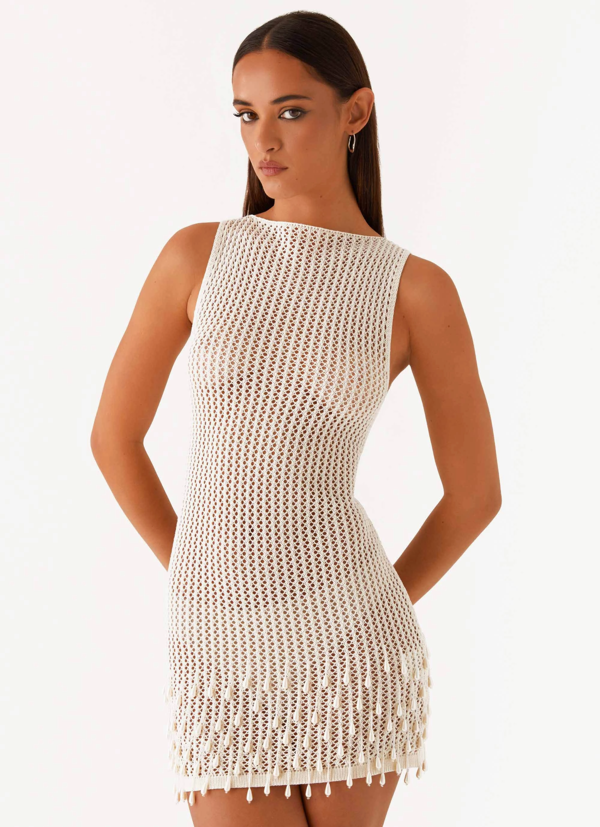 Miracle Beaded Crochet Mini Dress - Ivory Classic Wool Coat