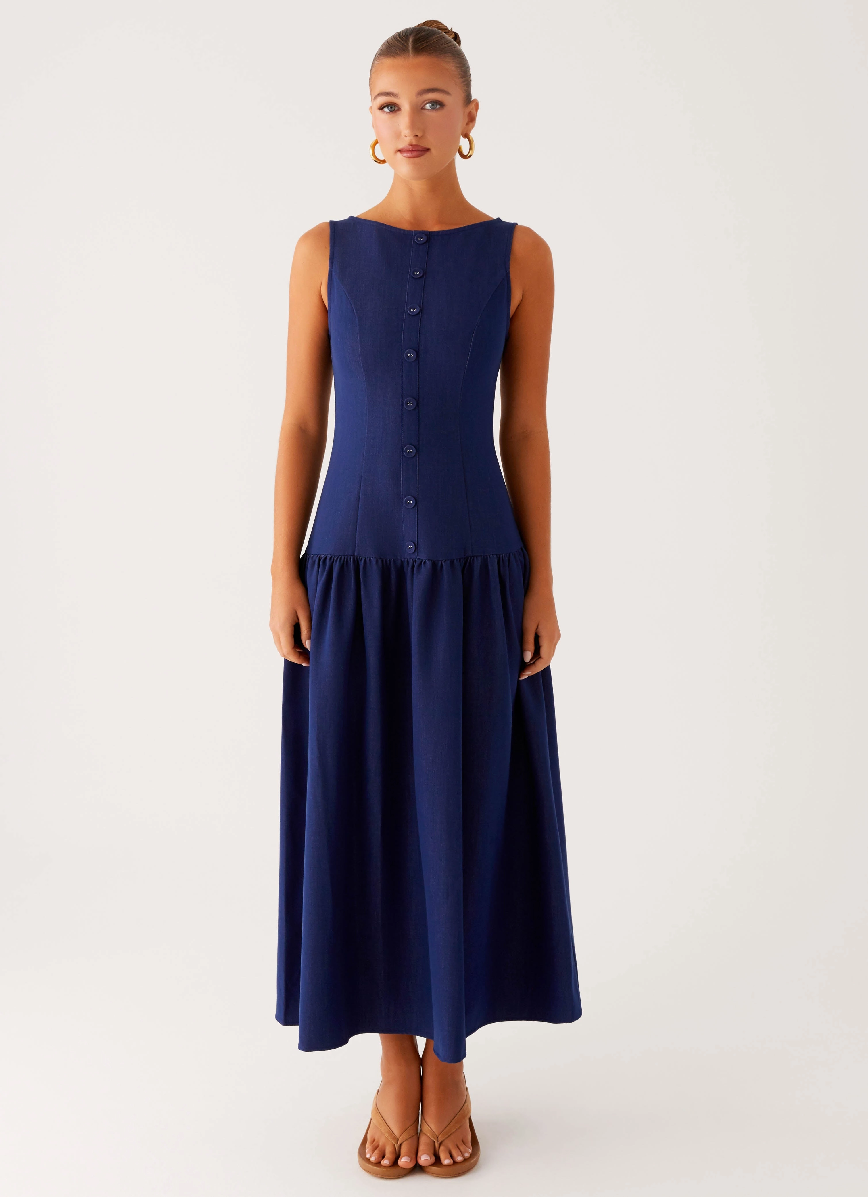 Hayes Denim Midi Dress - Indigo Statement Outerwear Notch Lapel