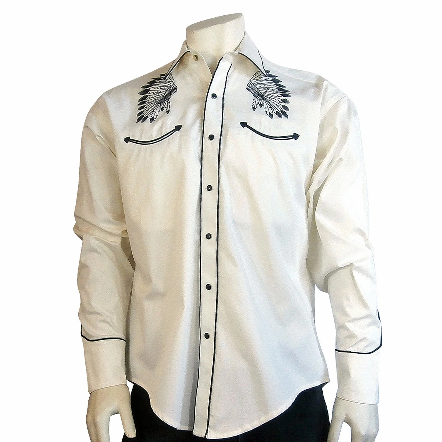 Tailored Silhouette Versatile Look Rockmount Mens Warbonnet Embroidery Ivory 100% Cotton L/S Shirt