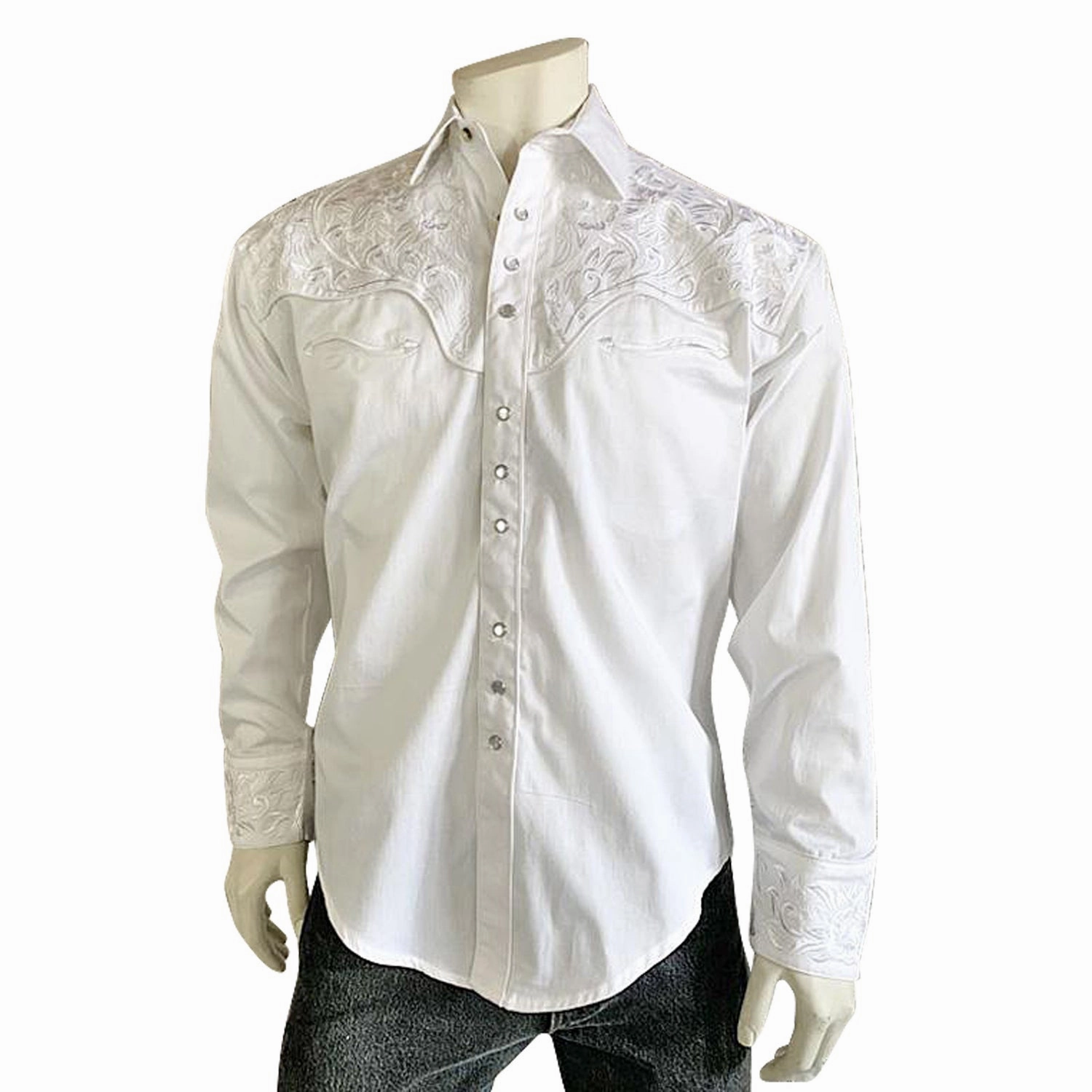 Rockmount Mens White/White 100% Cotton Vintage Tooling Embroidery L/S Shirt Weekend Vibes