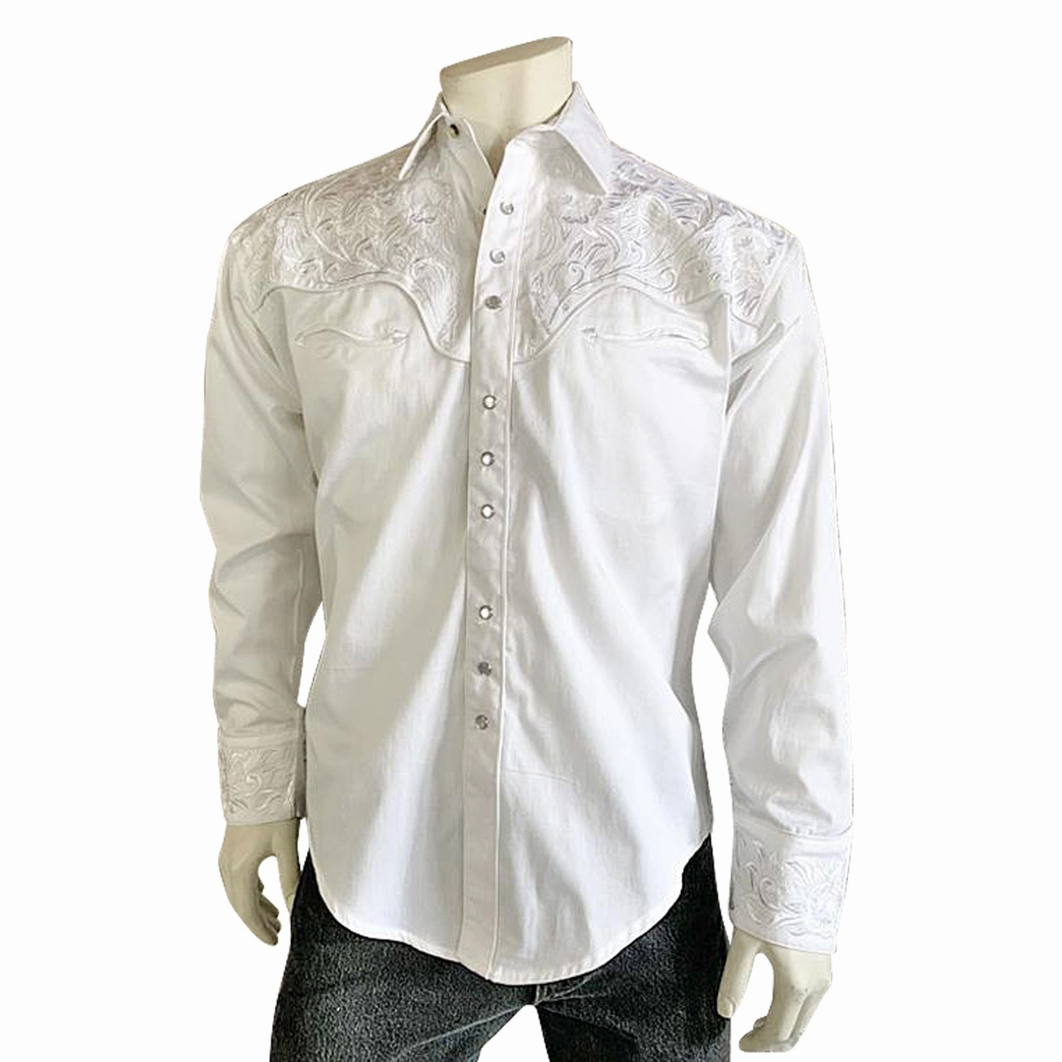 Comfortable Wear Fast Drying Rockmount Mens White/White 100% Cotton Vintage Tooling Embroidery L/S Shirt