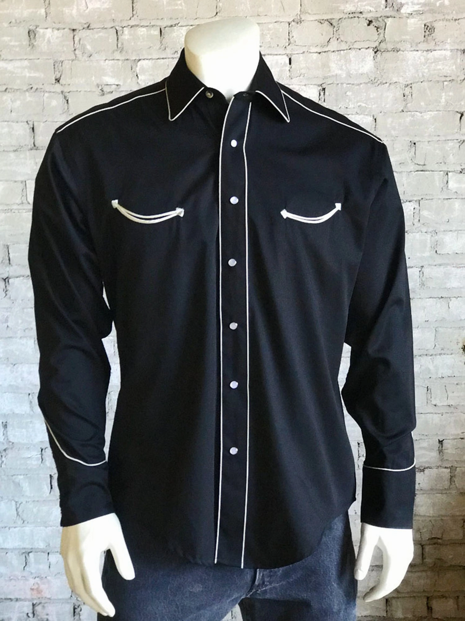 Elegant Finish Black Tie Optional Rockmount Mens Black 100% Cotton Solid Vintage Western L/S Shirt