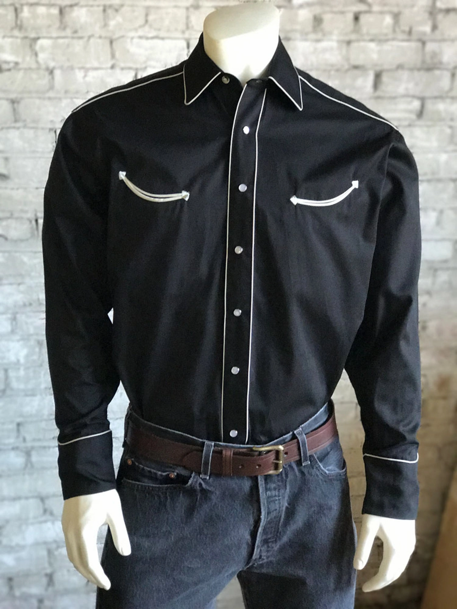 Embellished Neckline Rockmount Mens Black 100% Cotton Solid Vintage Western L/S Shirt