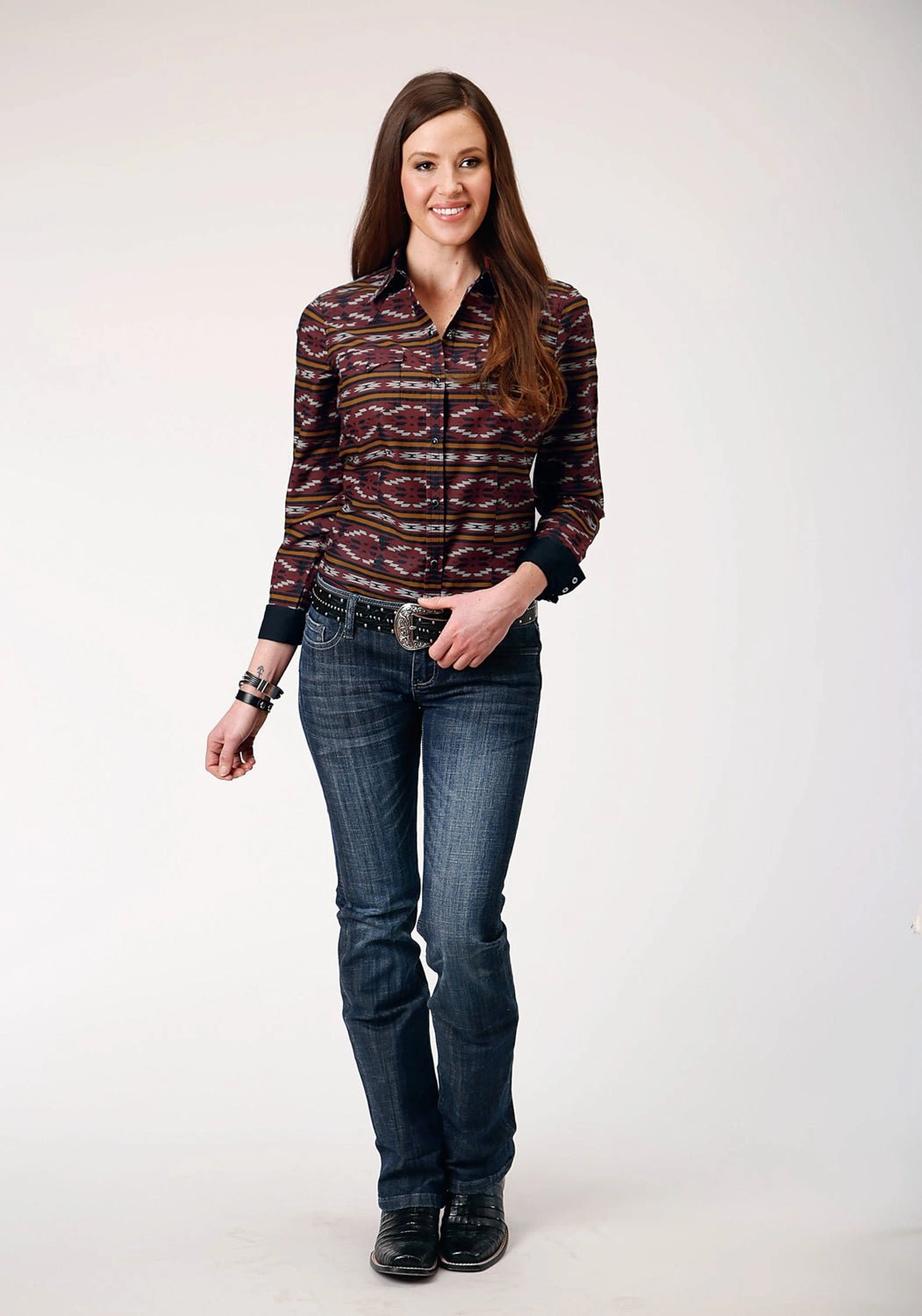 Roper Womens Aztec Horizontal Red 100% Cotton L/S Shirt Lounge Wear